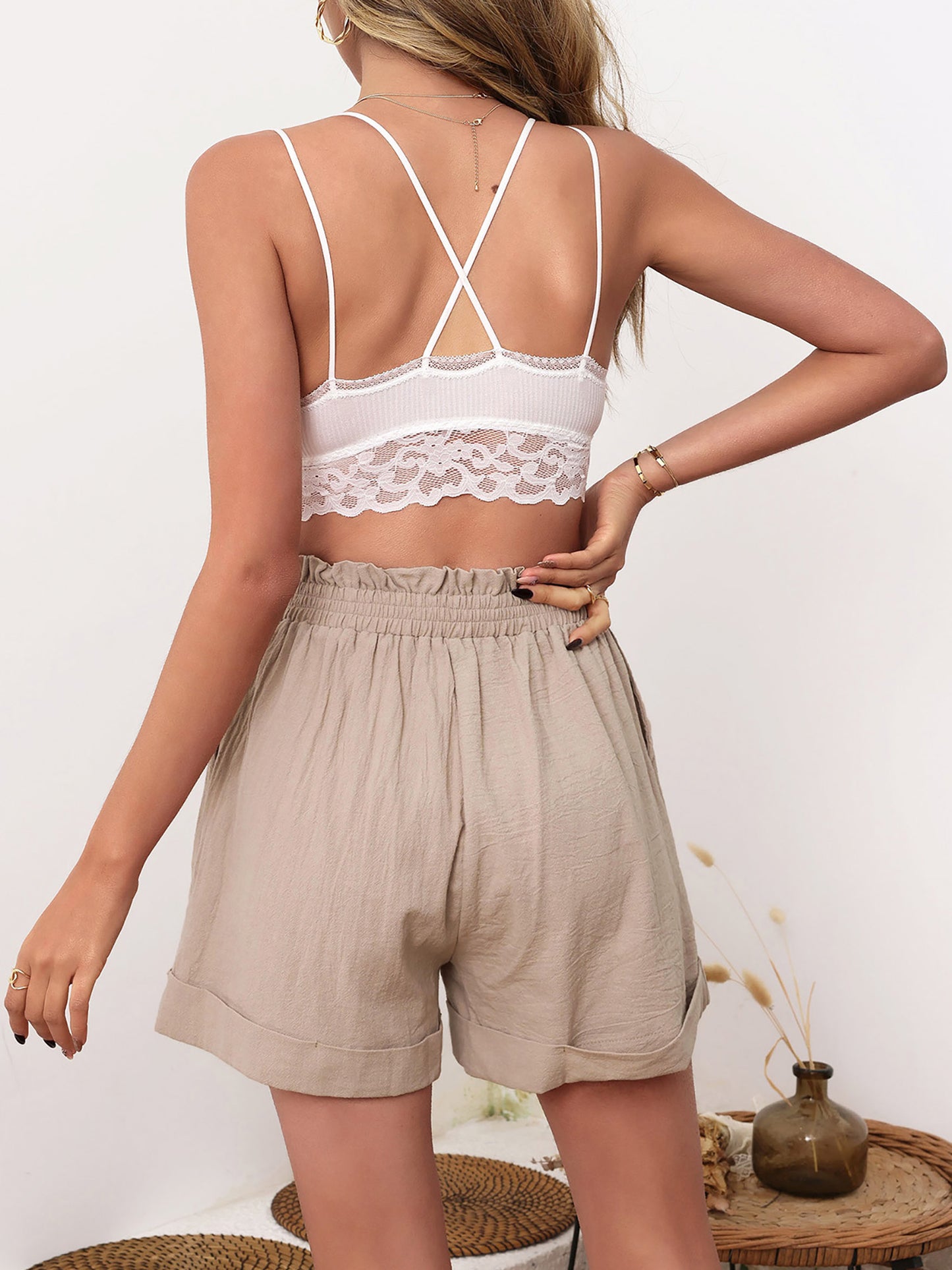 Women's Casual Linen Paperbag Waist Wide Leg Plain Shorts