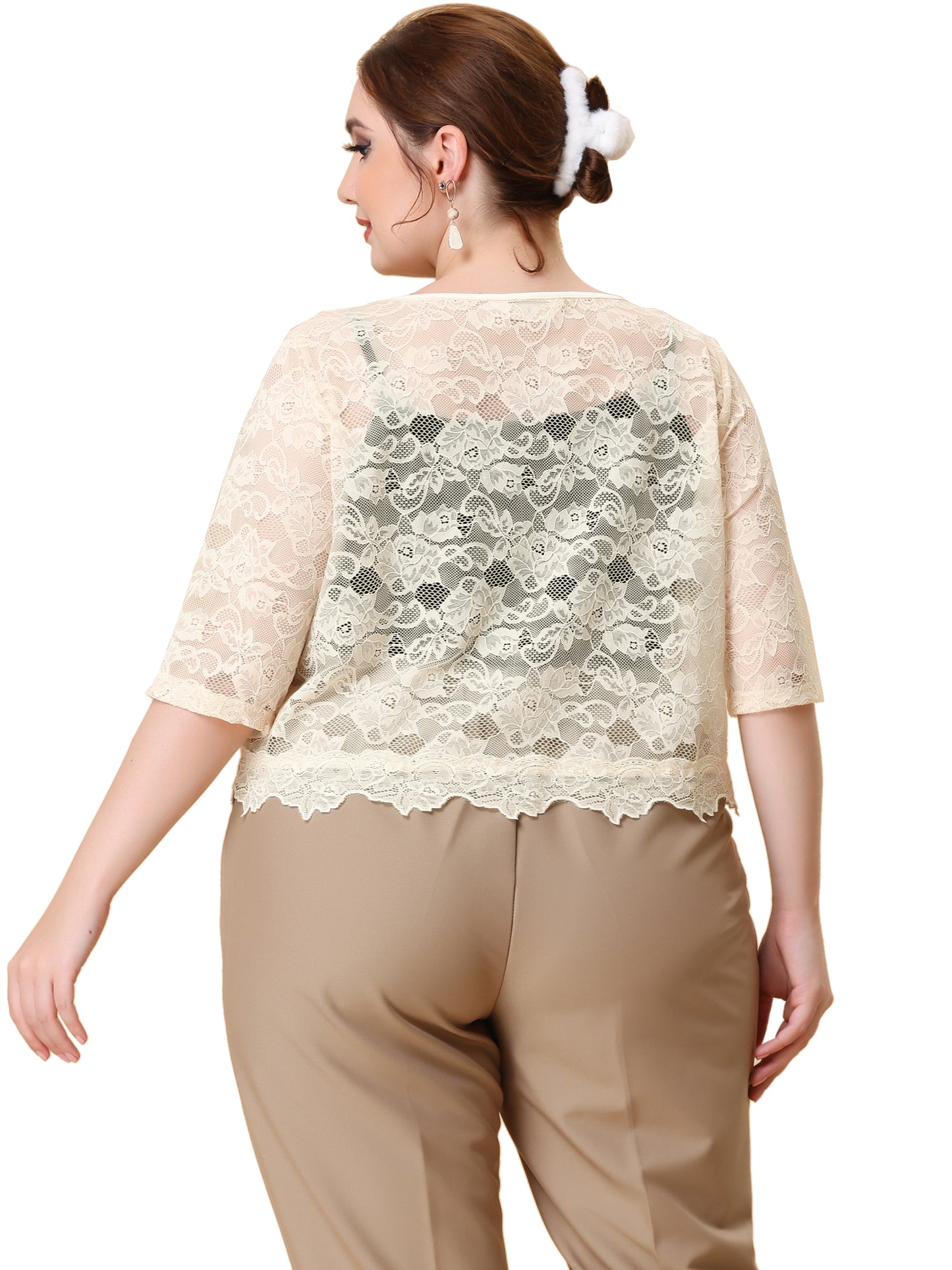 Women Plus Size Bolero Shrugs Floral Summer Cardigan 1/2 Sleeve Sheer Lace Shrug