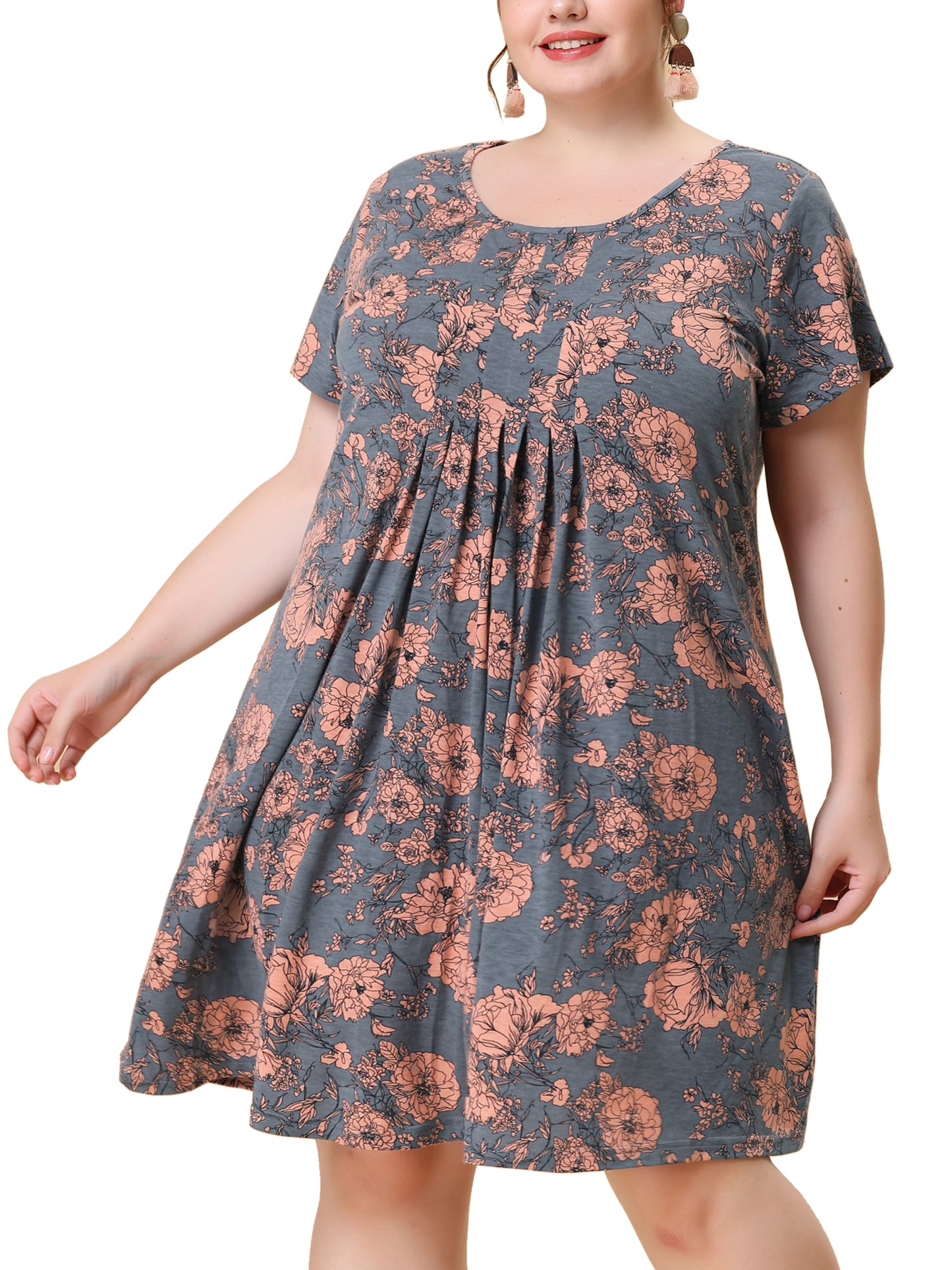 Women Plus Size Short Sleeves Pleated Summer Casual Loose Floral Dress