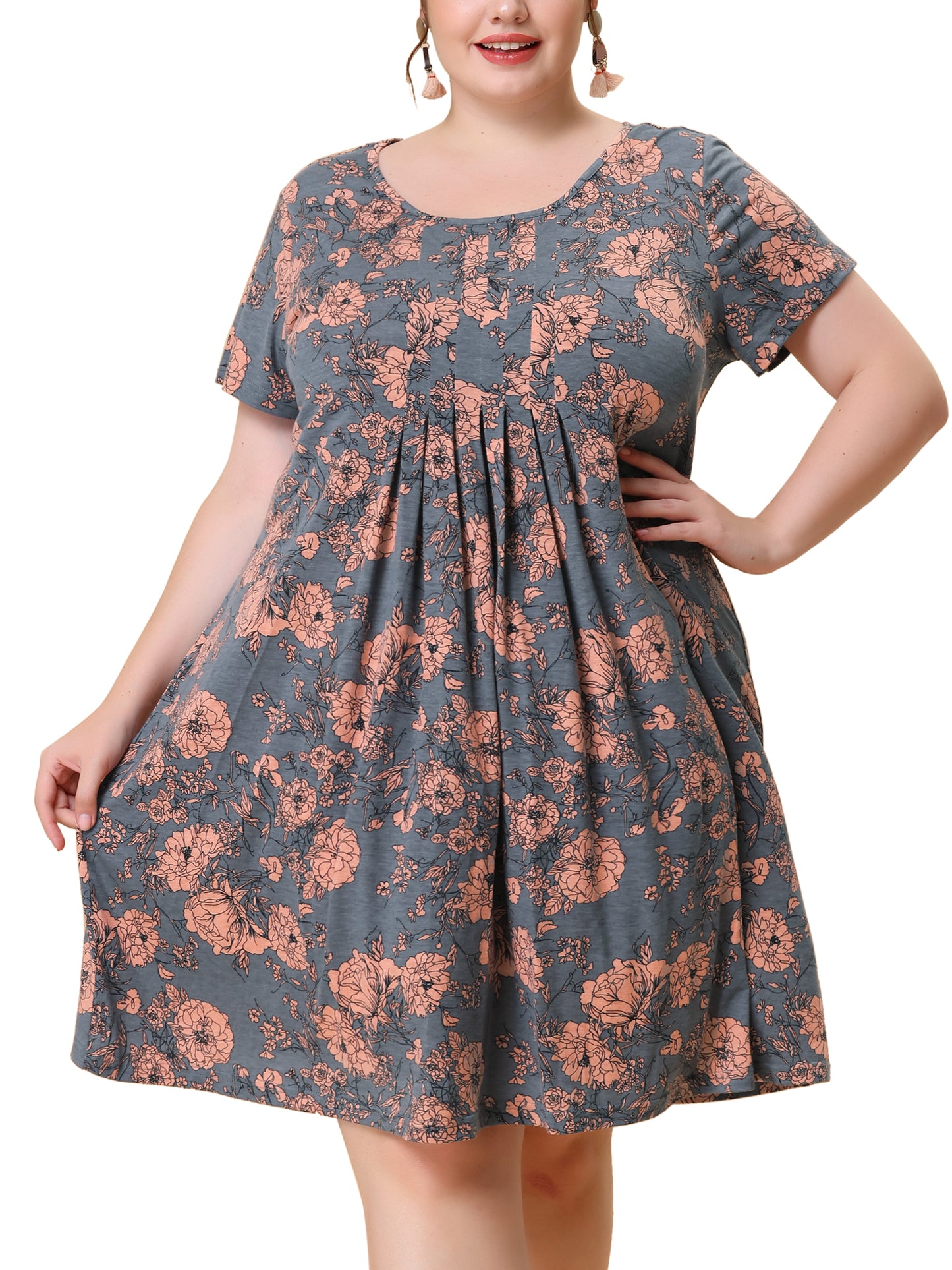 Women Plus Size Short Sleeves Pleated Summer Casual Loose Floral Dress