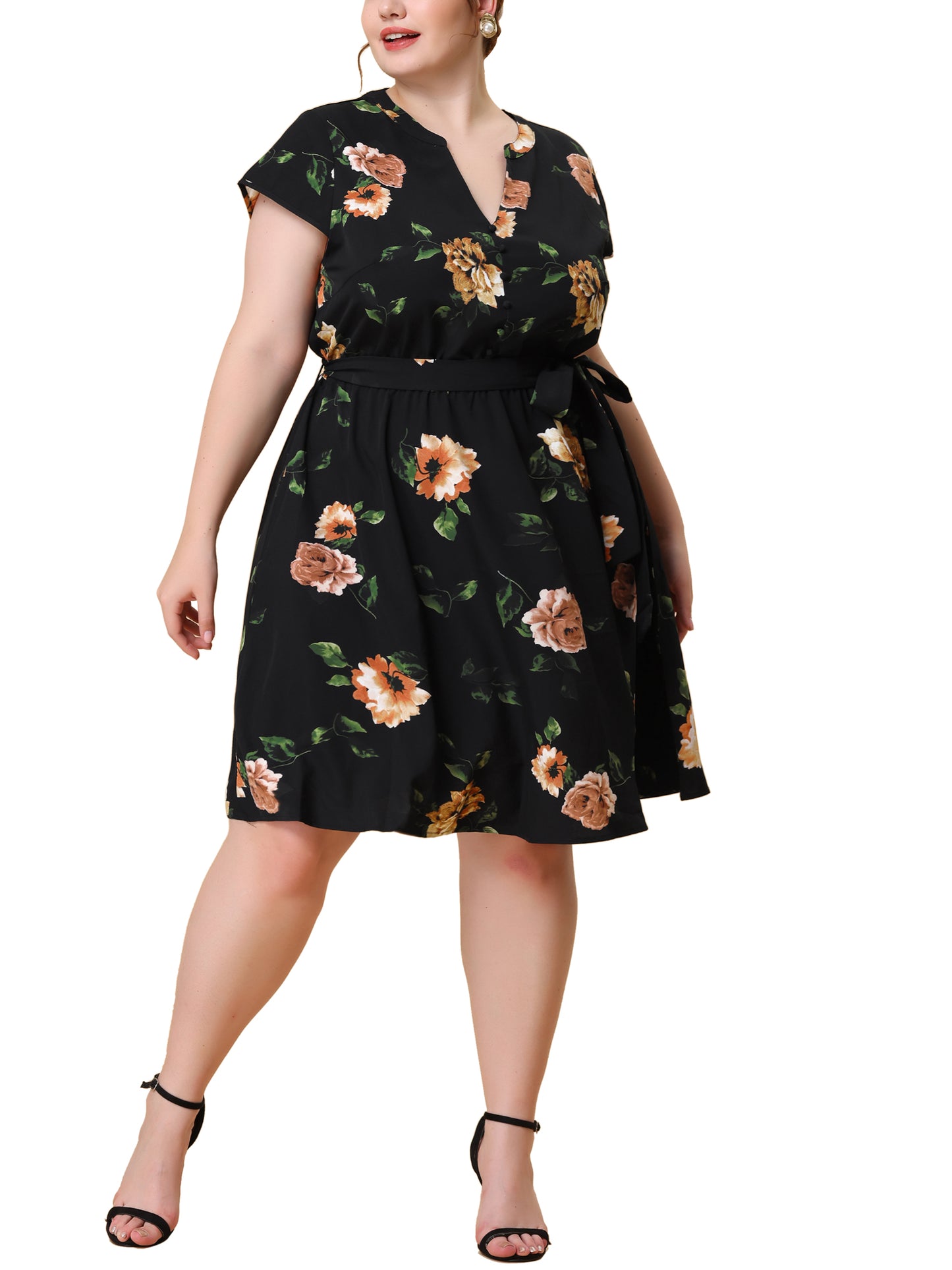 Women's Plus Size V Neck Belted Summer Floral Dresses