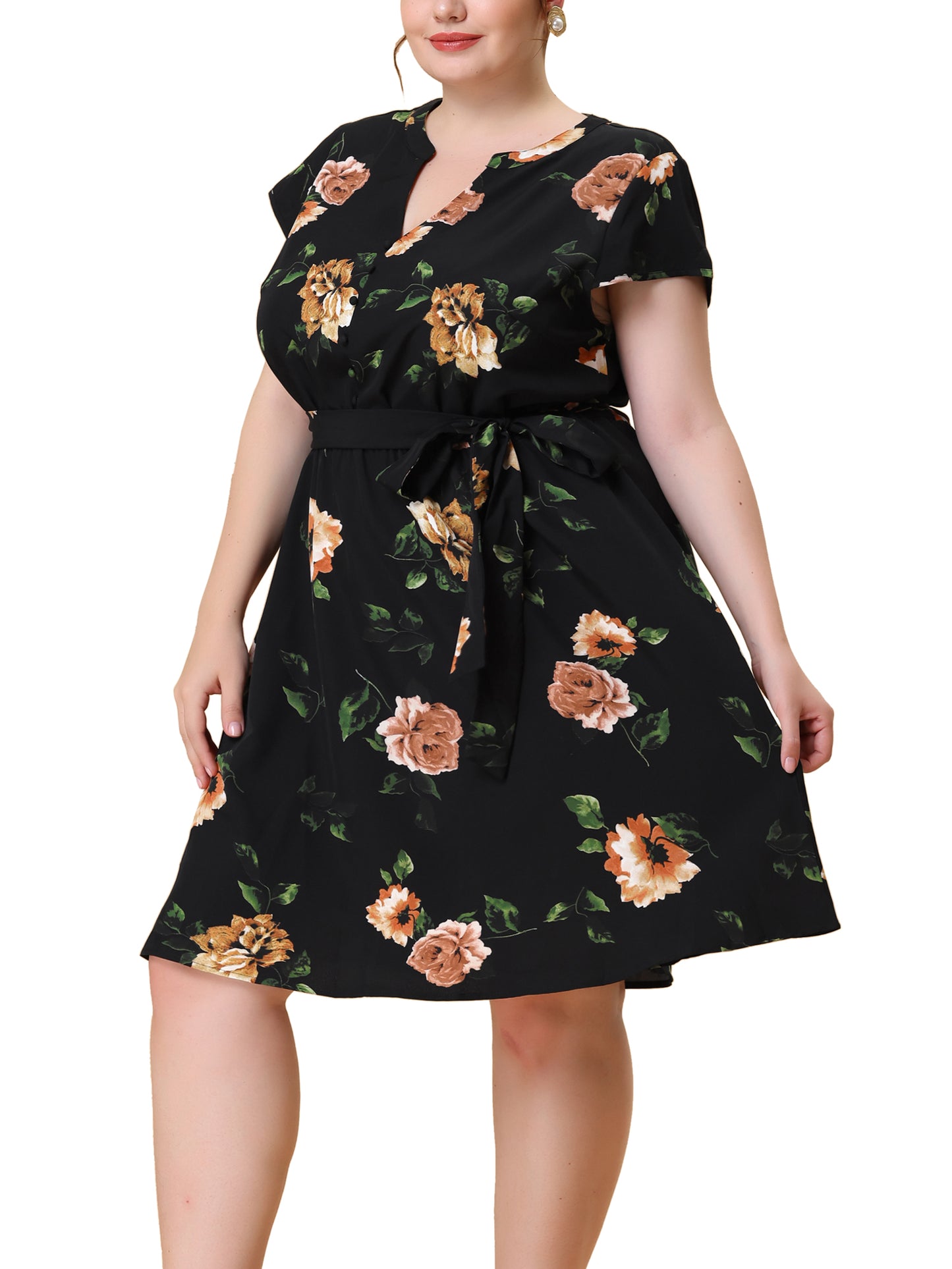 Women's Plus Size V Neck Belted Summer Floral Dresses