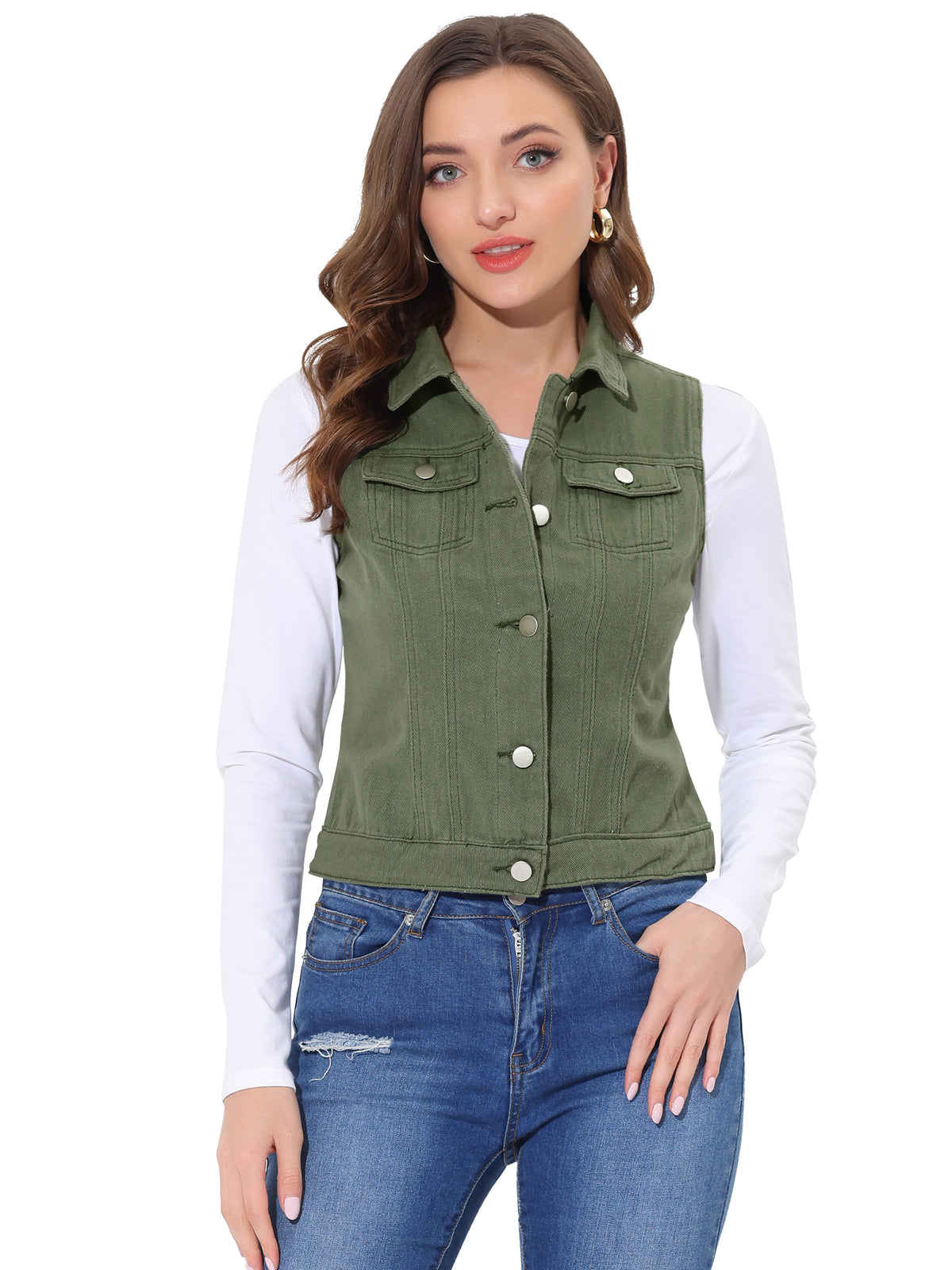 Women's Buttoned Washed Denim Vest Jacket W Chest Flap Pockets