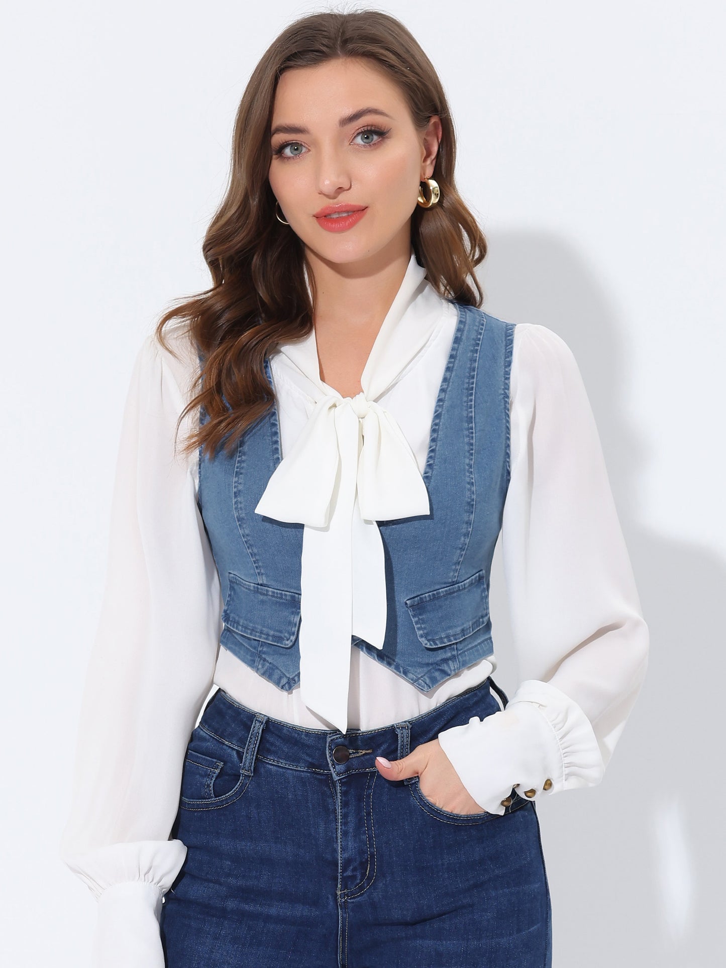Women's Button Up Sleeveless Crop Jean Denim Vest