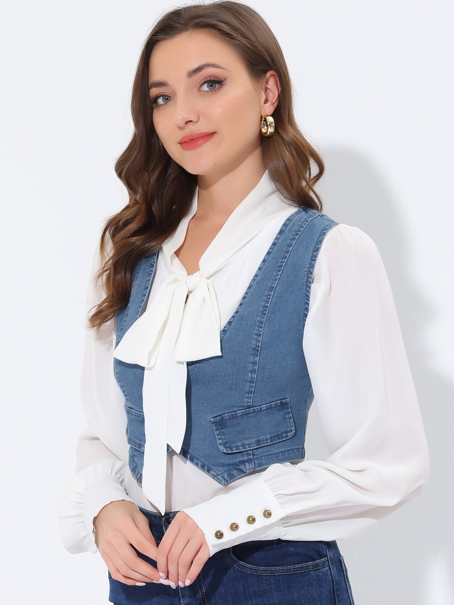 Women's Button Up Sleeveless Crop Jean Denim Vest