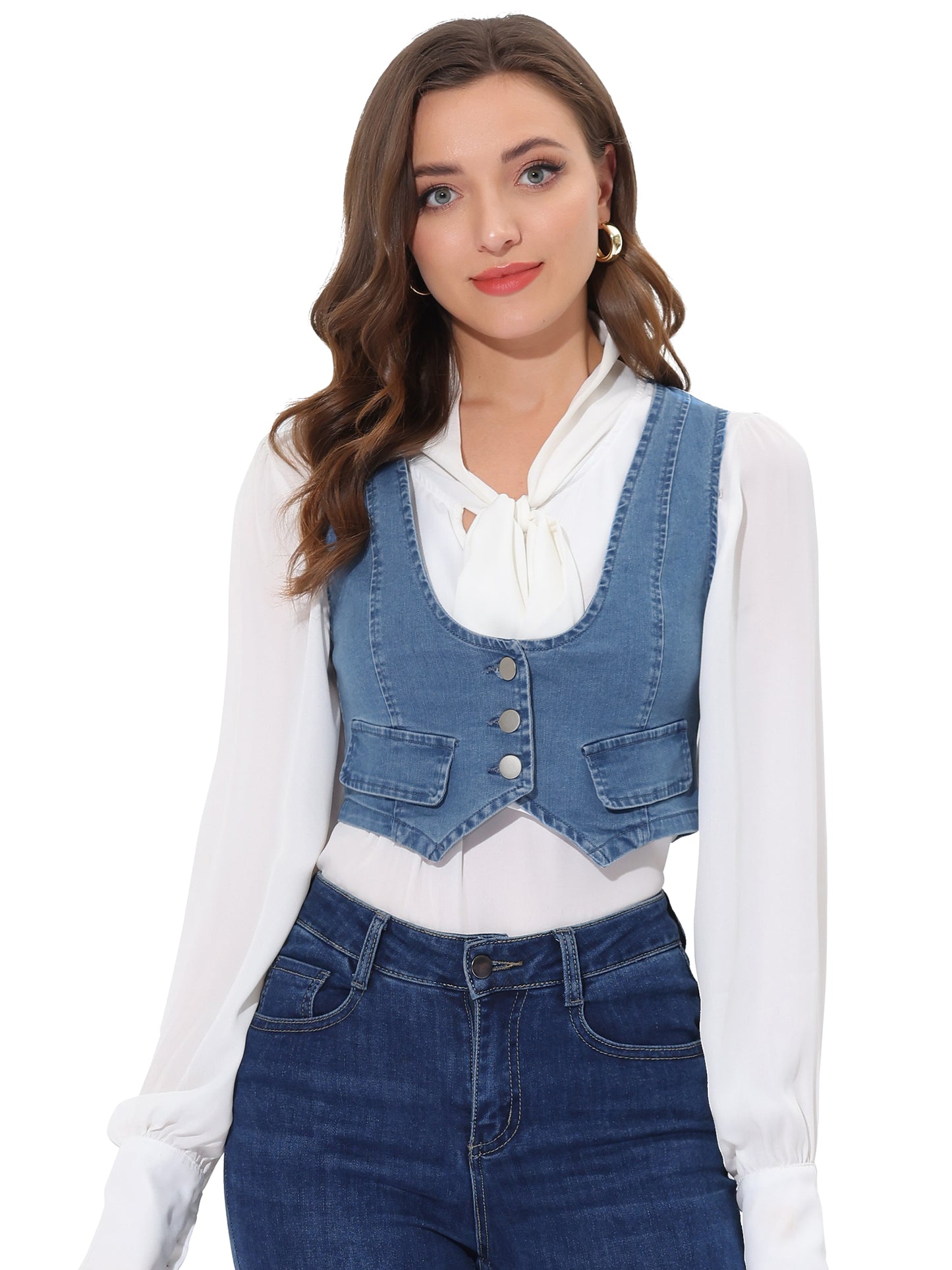 Women's Button Up Sleeveless Crop Jean Denim Vest