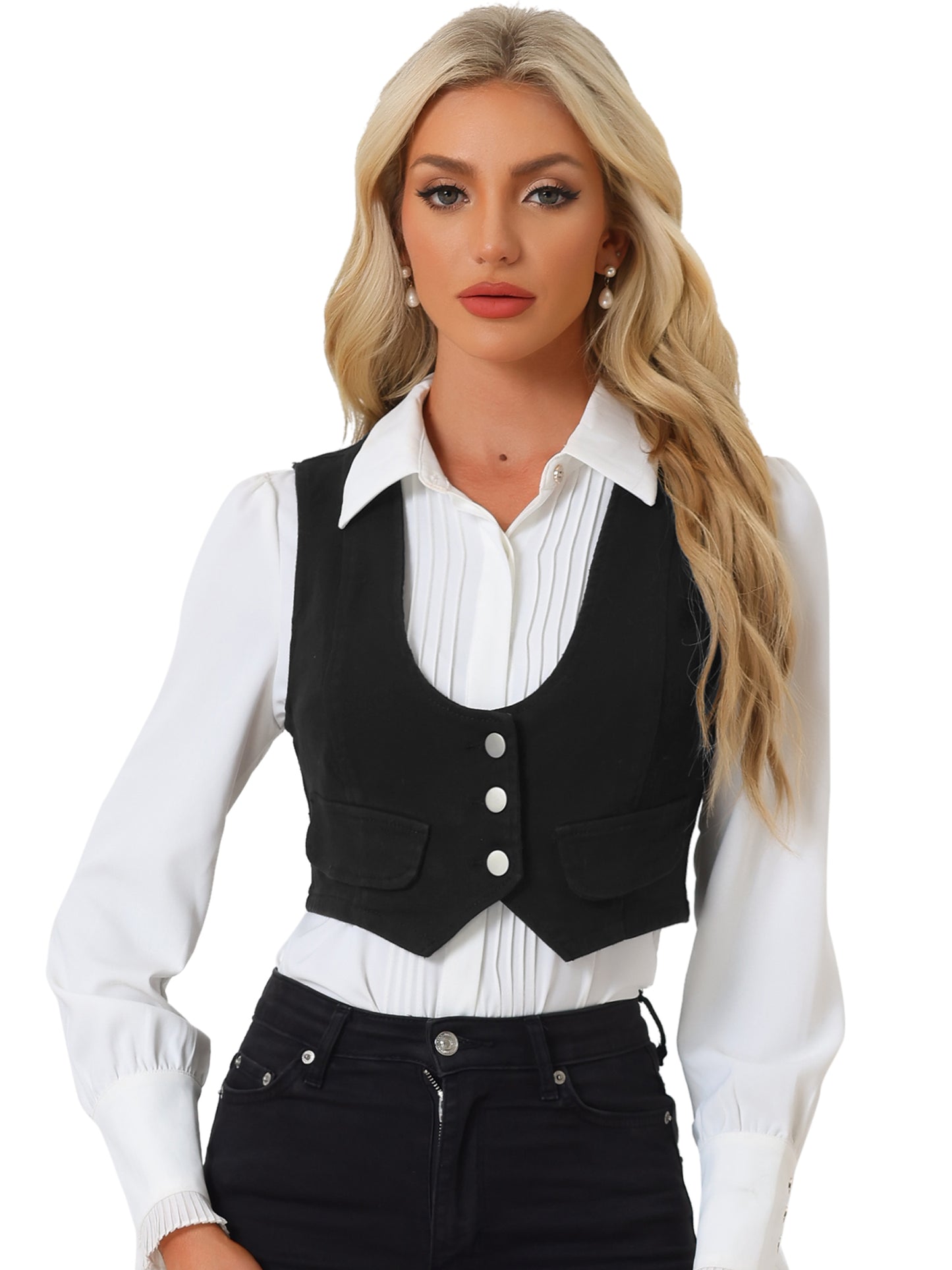 Women's Denim Vest Vintage Button Up Sleeveless Crop Jean Vest Waistcoat