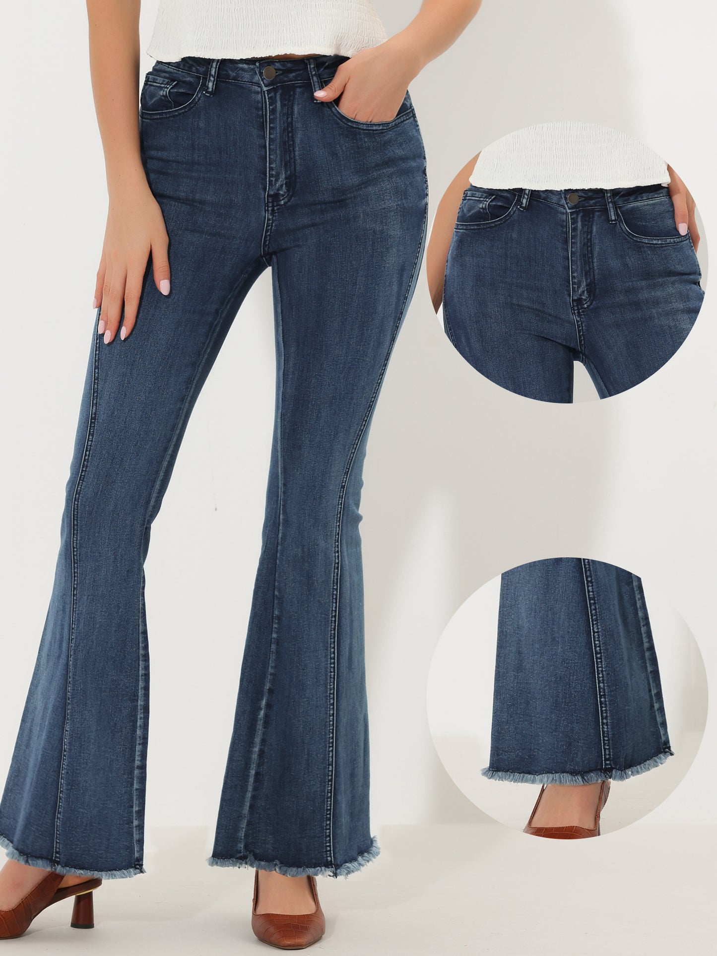 Vaqueros acampanados vintage de los años 70 para mujer, de cintura alta, elásticos, de mezclilla, pantalones de campana