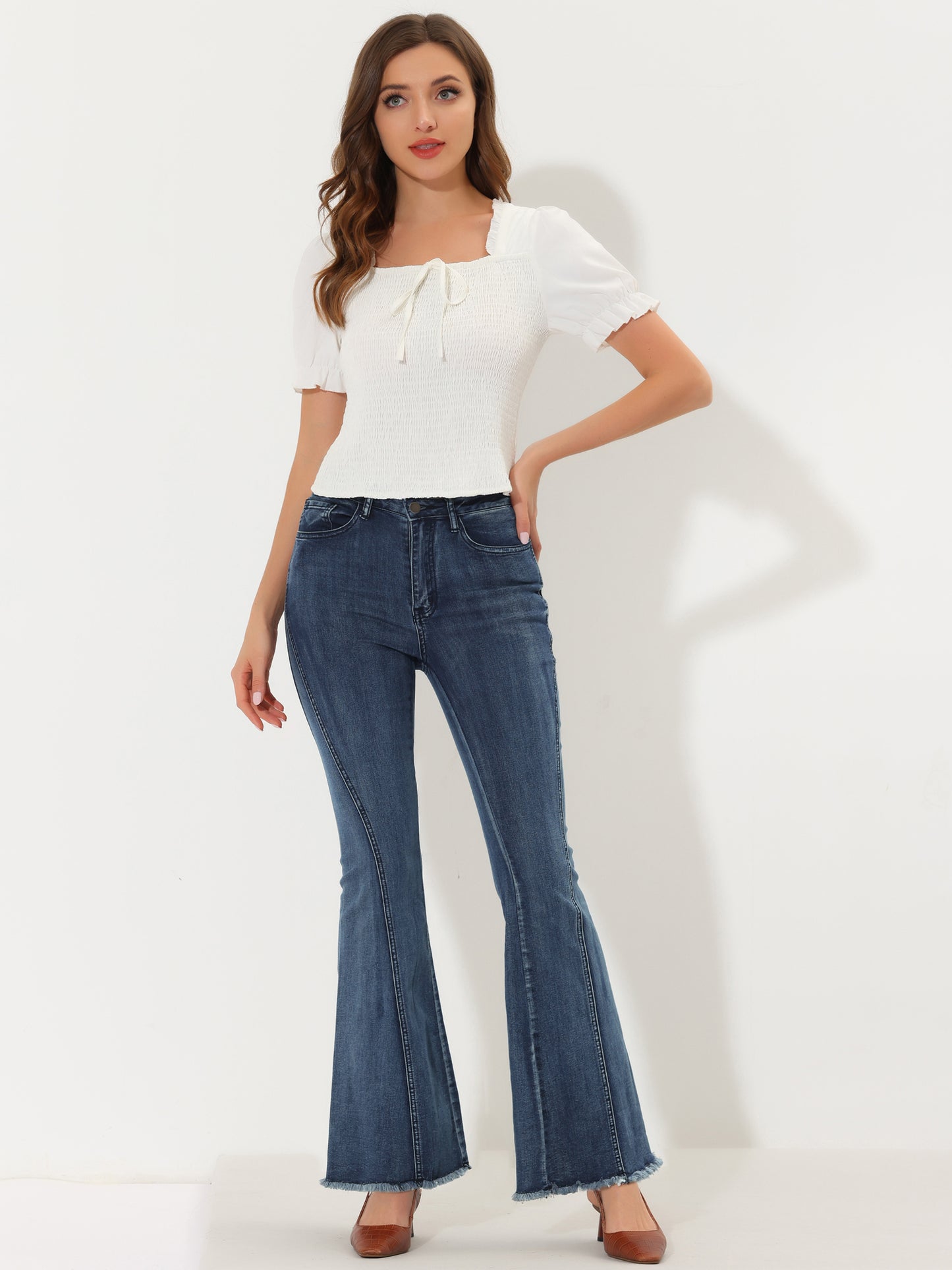 Vaqueros acampanados vintage de los años 70 para mujer, de cintura alta, elásticos, de mezclilla, pantalones de campana