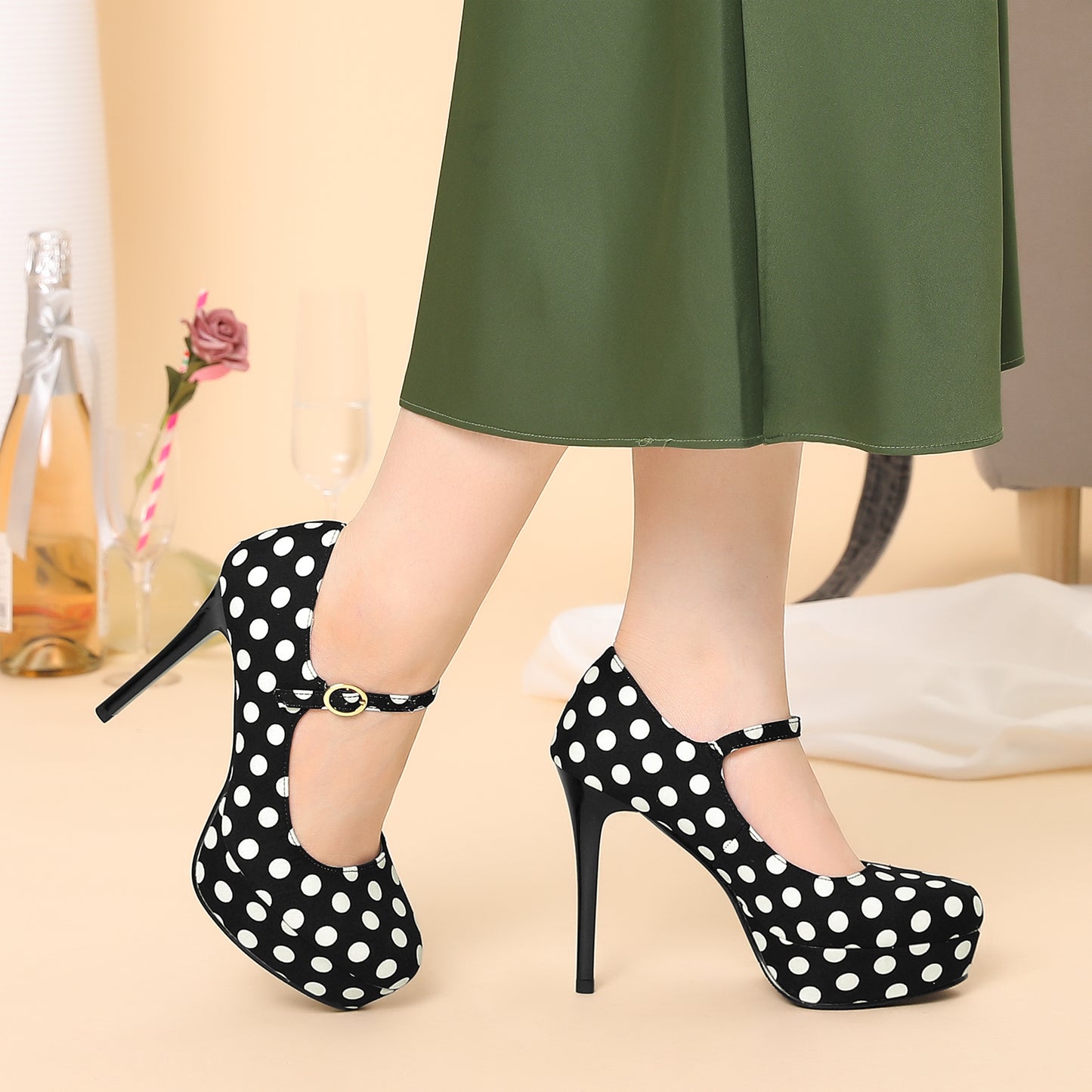 Zapatos Mary Jane de plataforma con lunares y tacón de aguja para mujer