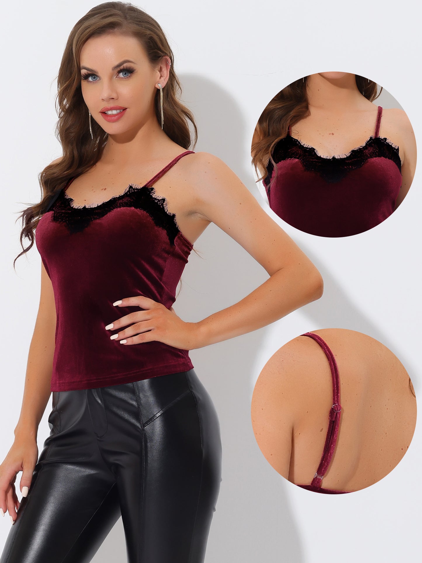 Women's Velvet Camisole Lace Velour Party Spaghetti Strap Cami Top