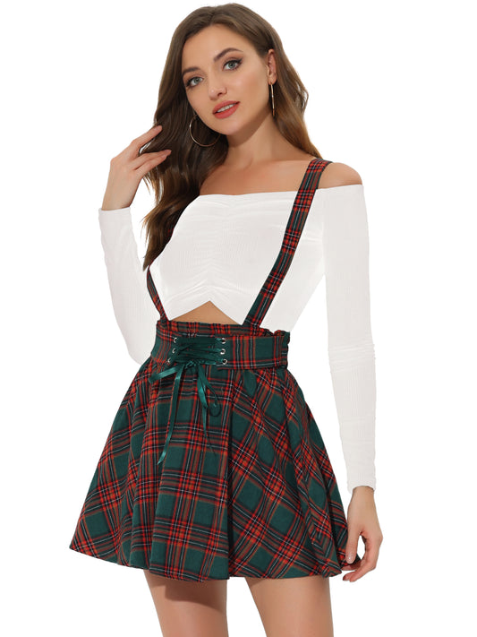 Women's Tartan Skirt Gothic Plaid High Waist Detachable Suspender Skirts