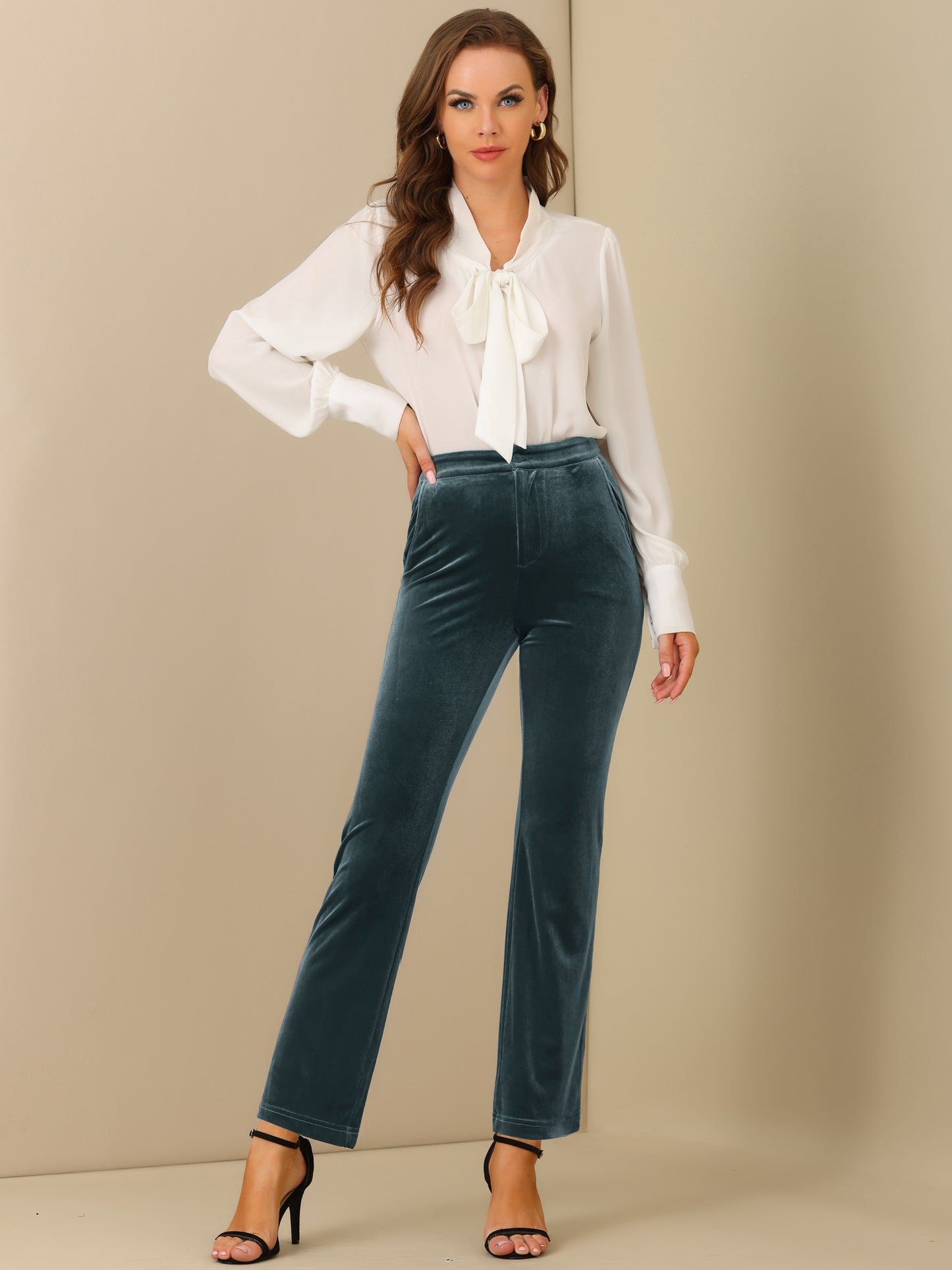 Women's Velvet Elegant High Waist Trousers with Pockets Work Ankle Pants