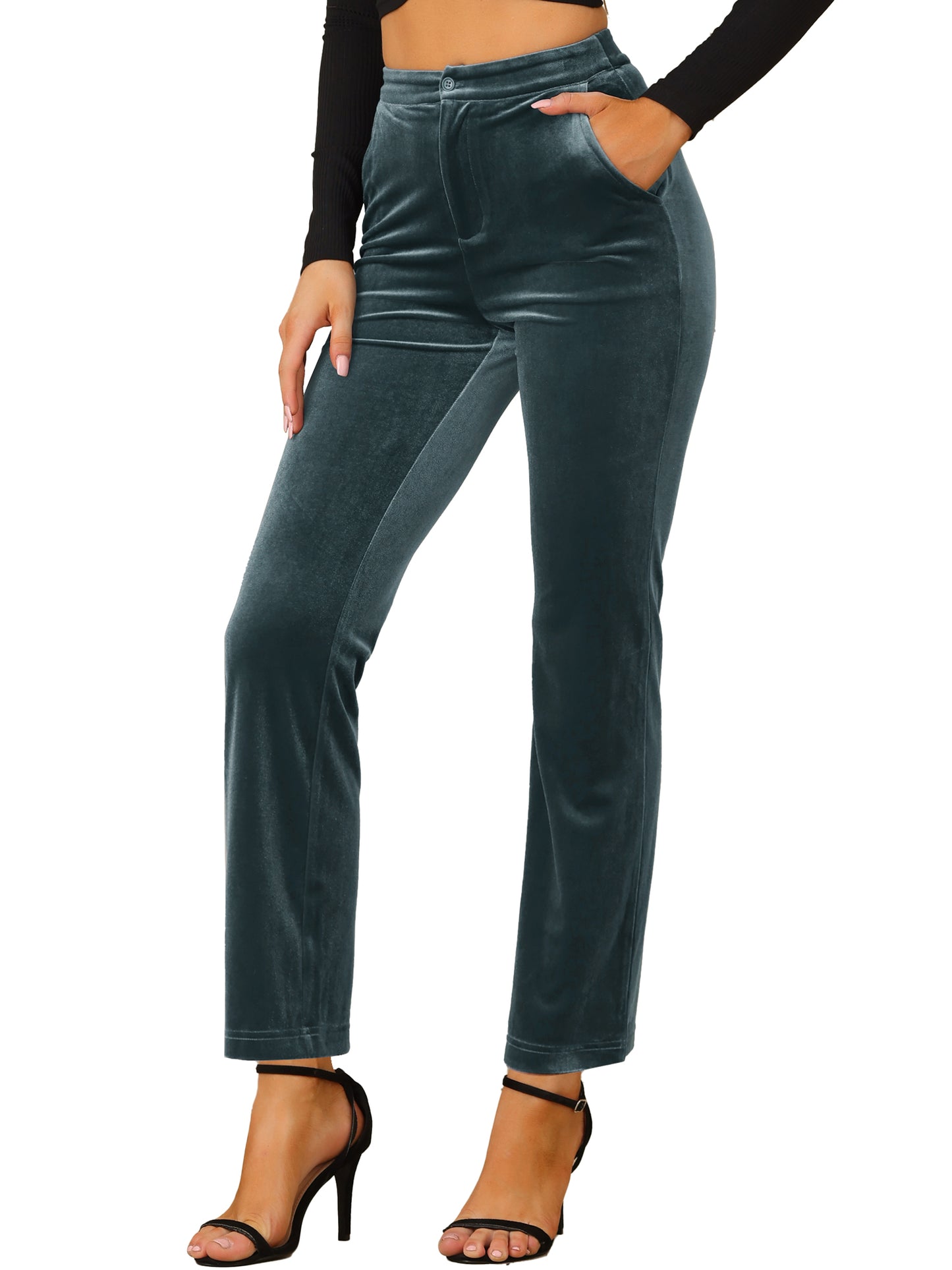 Women's Velvet Elegant High Waist Trousers with Pockets Work Ankle Pants