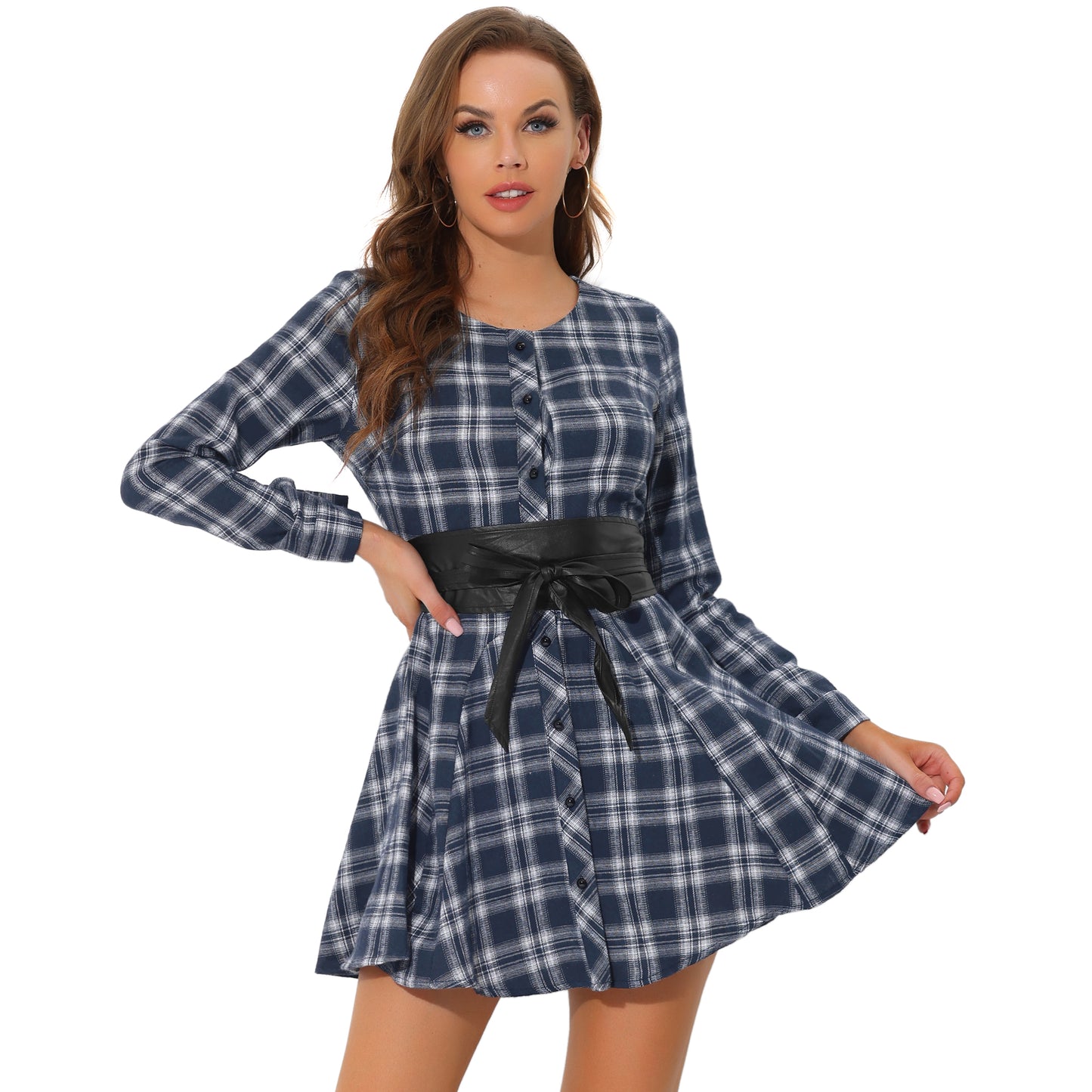 Women's Plaid Long Sleeve Button Down Belted Mini Shirtdress