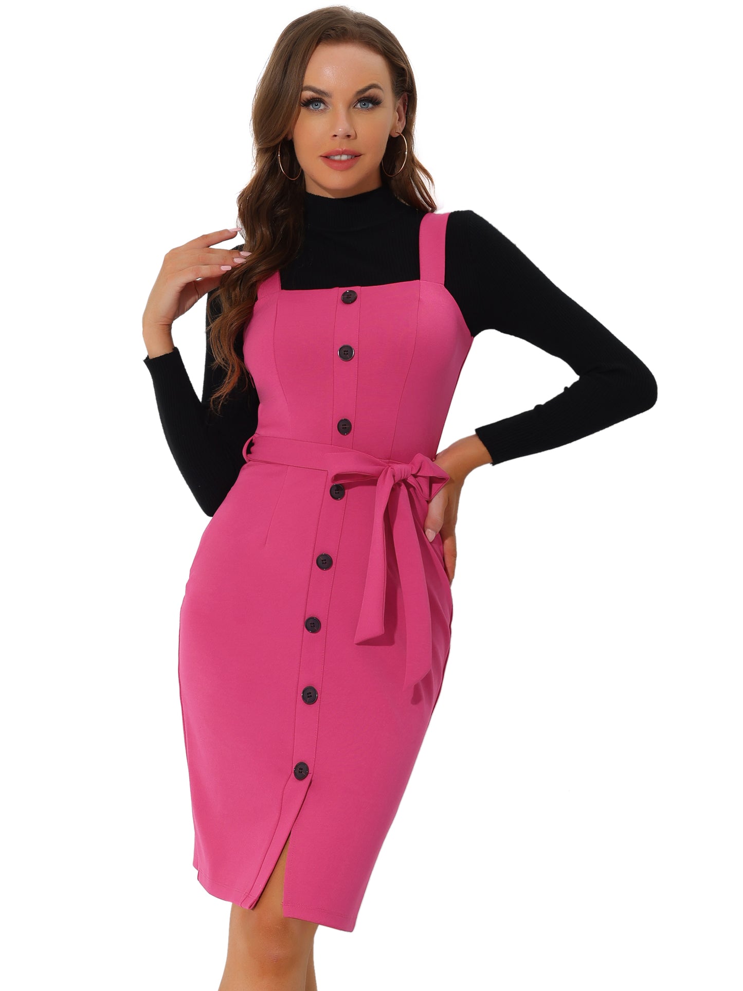 Women's Button Front Bodycon Sleeveless Belt Staps Tank Dress