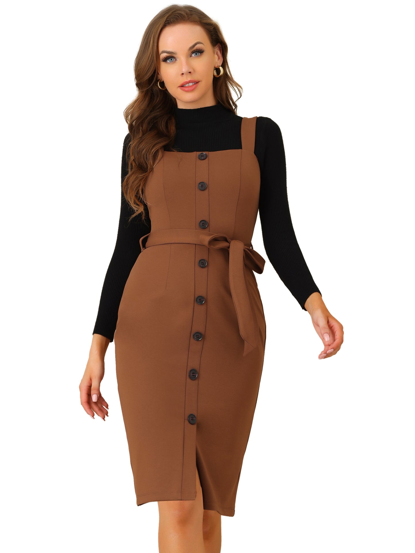 Women's Button Front Bodycon Sleeveless Belt Staps Tank Dress
