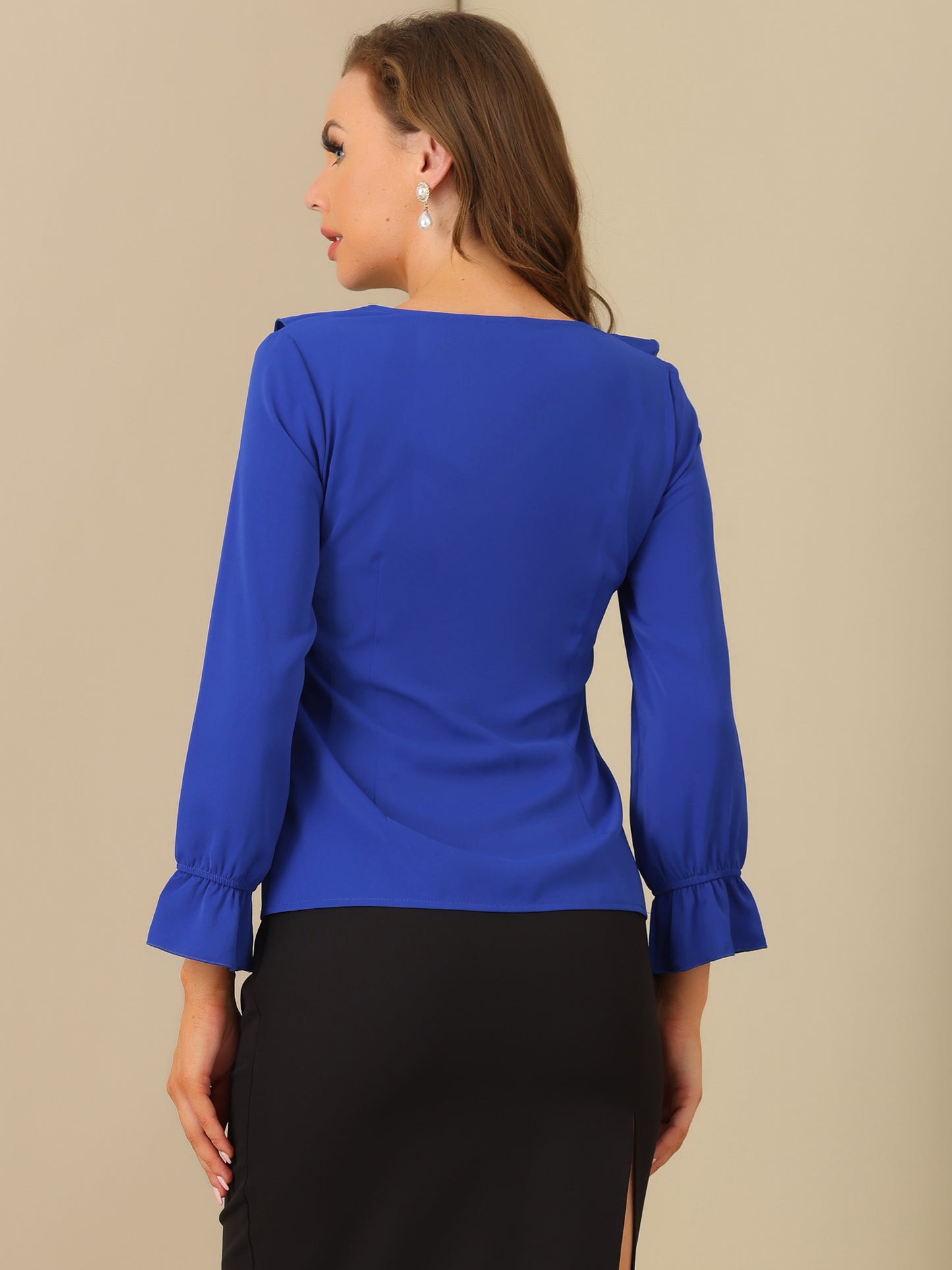 Women's Ruffle Blouse Elegant V Neck Long Sleeve Casual Dressy Top
