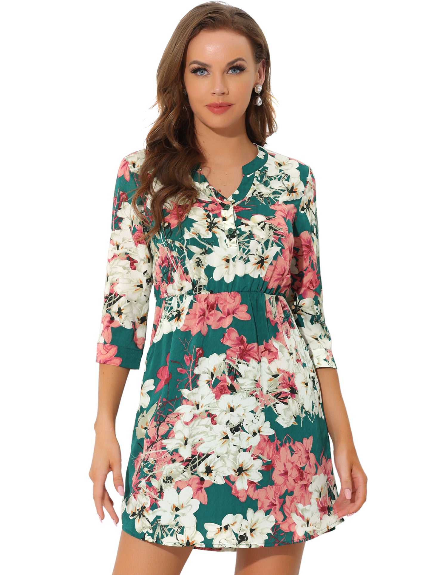 Women's Button-Up V Neck 3/4 Sleeves Floral Shirt Dress with Pockets
