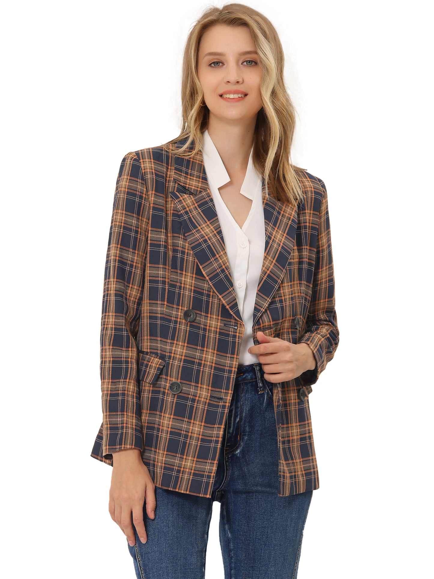Women's Notched Lapel Double Breasted Blazer Jacket