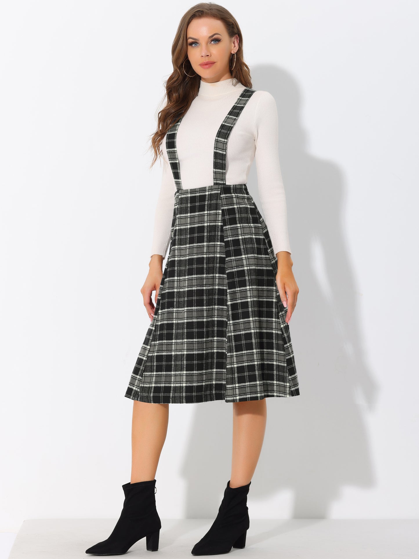 Women's Tartan Plaid Suspender Skirt Vintage High Waist A-Line Midi Overall Dress