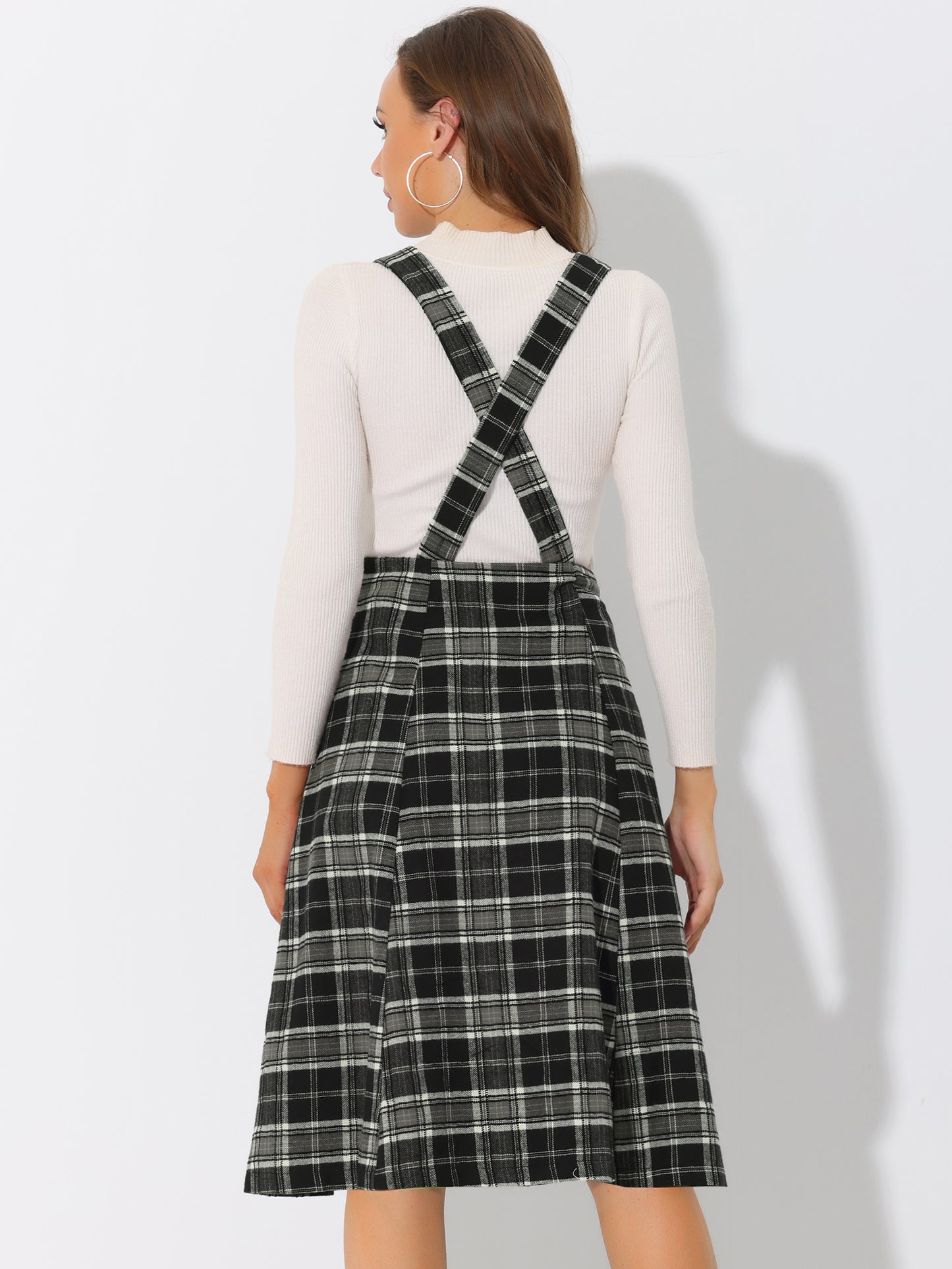 Women's Tartan Plaid Suspender Skirt Vintage High Waist A-Line Midi Overall Dress