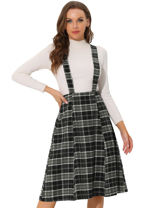Women's Tartan Plaid Suspender Skirt Vintage High Waist A-Line Midi Overall Dress
