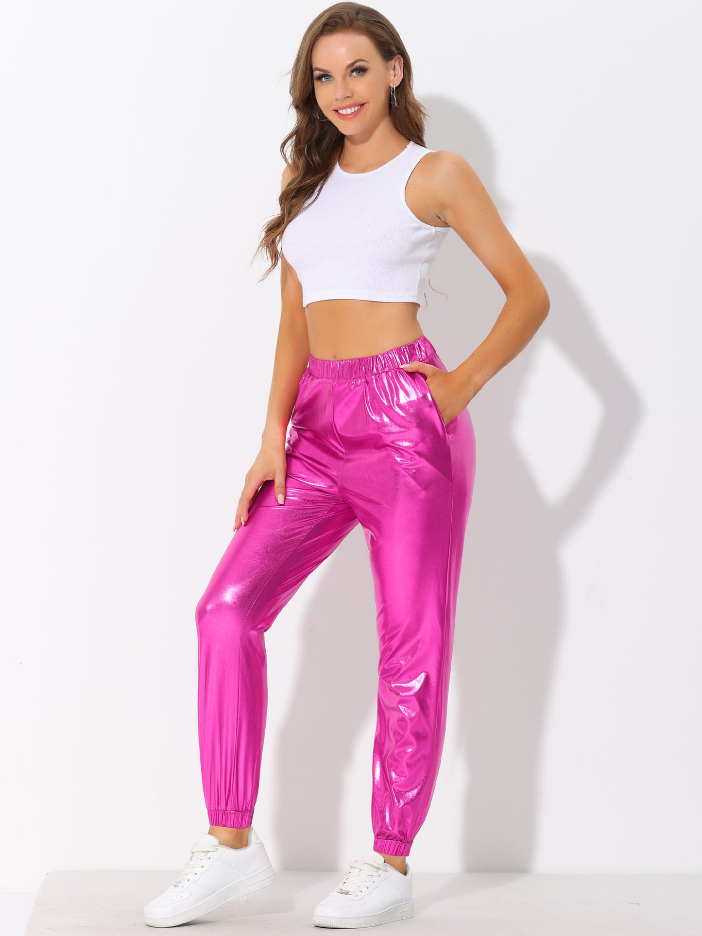 Pantalones metálicos para mujer, con cintura elástica, brillantes y holográficos