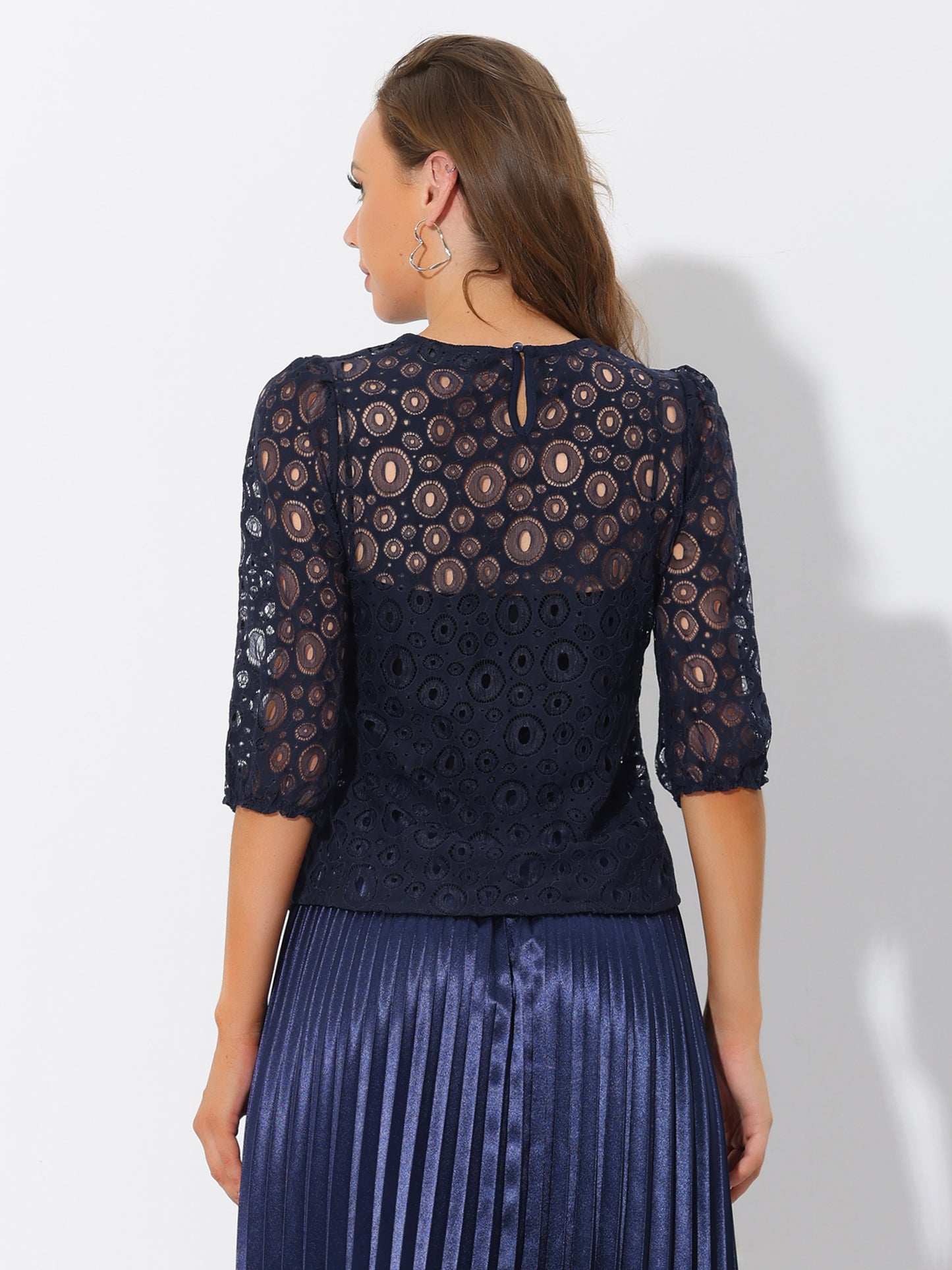 Women's 3/4 Lantern Sleeve Semi Sheer Lace Top