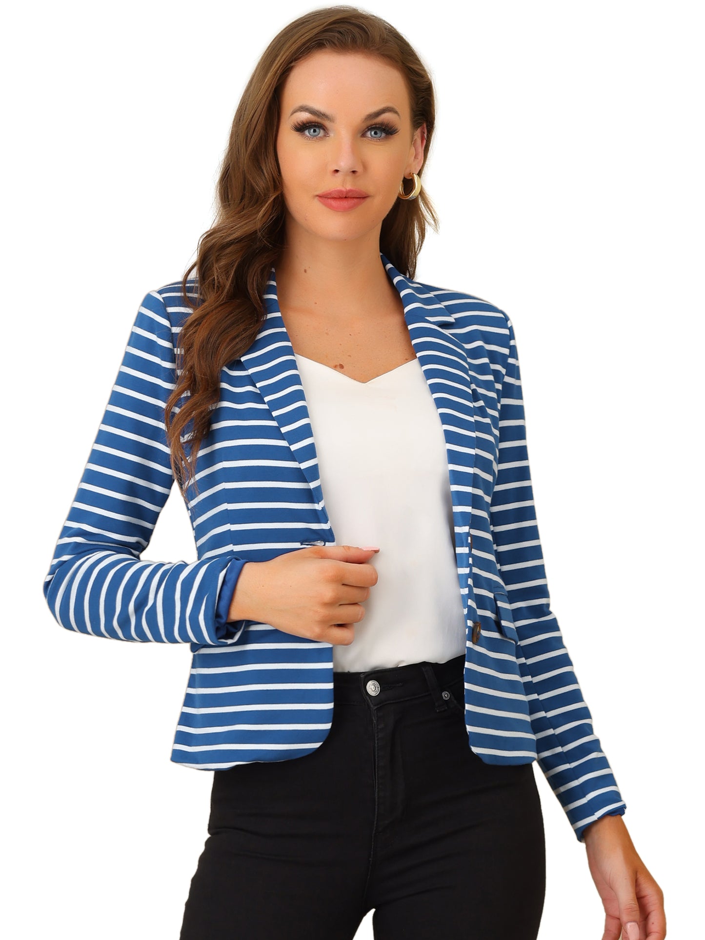 Women's Business Casual Notched Lapel Pocket Button Closure Striped Blazer (Available in Plus Size)
