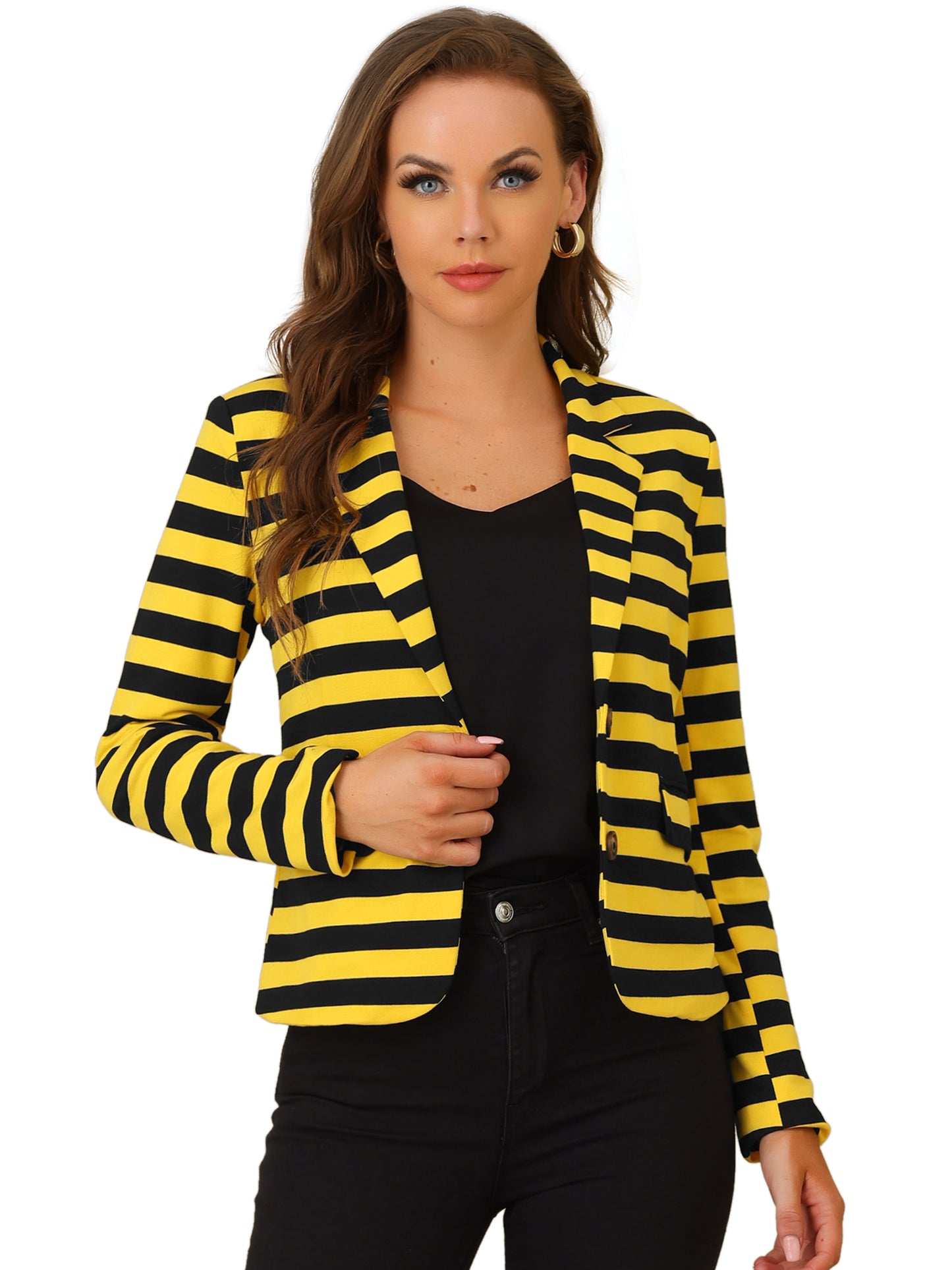 Women's Business Casual Notched Lapel Pocket Button Closure Striped Blazer (Available in Plus Size)