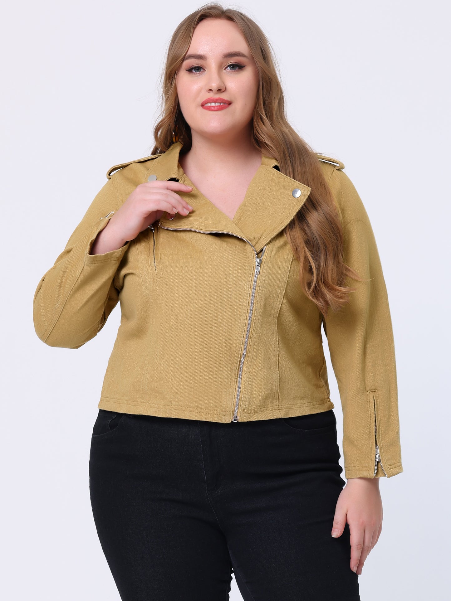 Women's Plus Size Denim Jackets Collar Inclined Zip Closure Biker Moto Jacket