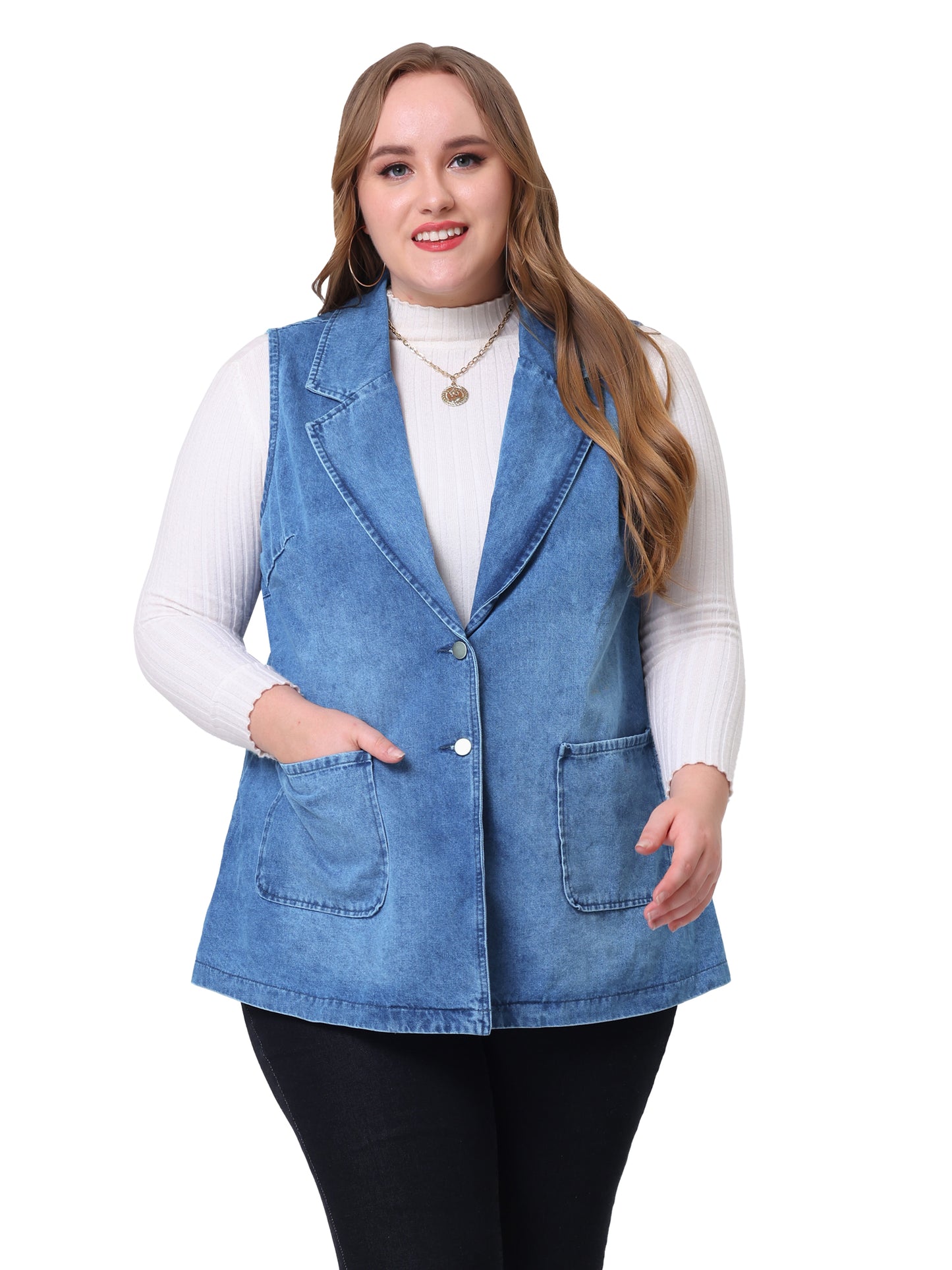 Women Plus Size Denim Vest Sleeveless Lapel Casual Long Jean Jackets Tunic Vest