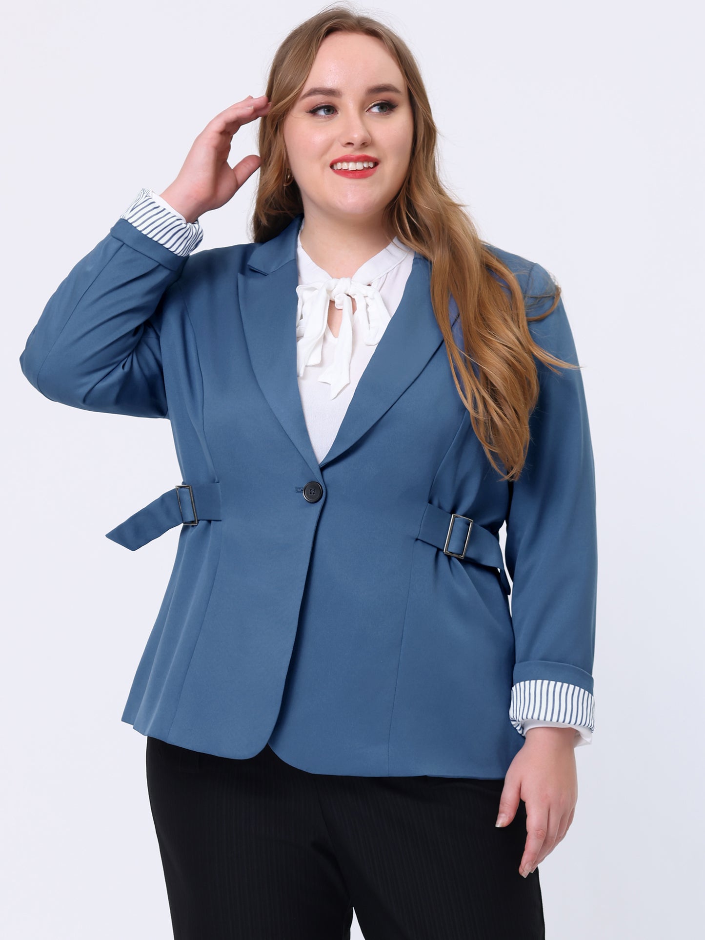 Women's Plus Size Contrast Stripe Cuff Notched Lapel Casual Blazers Jacket