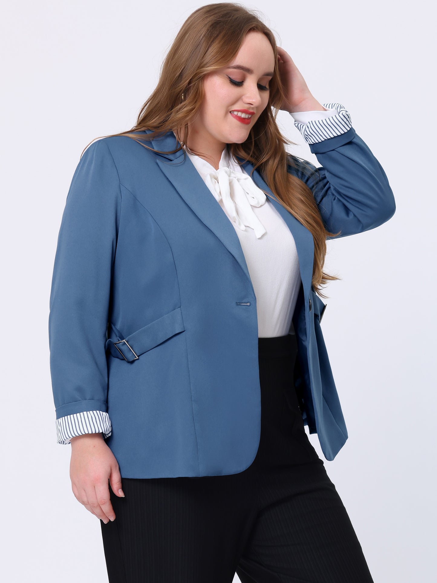 Women's Plus Size Contrast Stripe Cuff Notched Lapel Casual Blazers Jacket