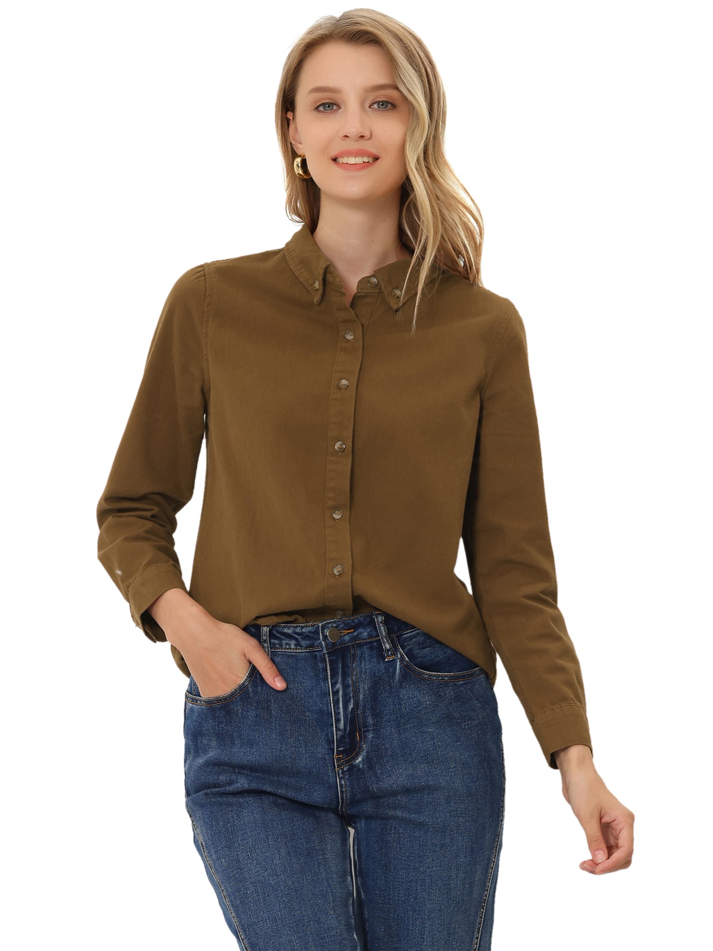 Women's Button Up Long Sleeve Collared Denim Shirt