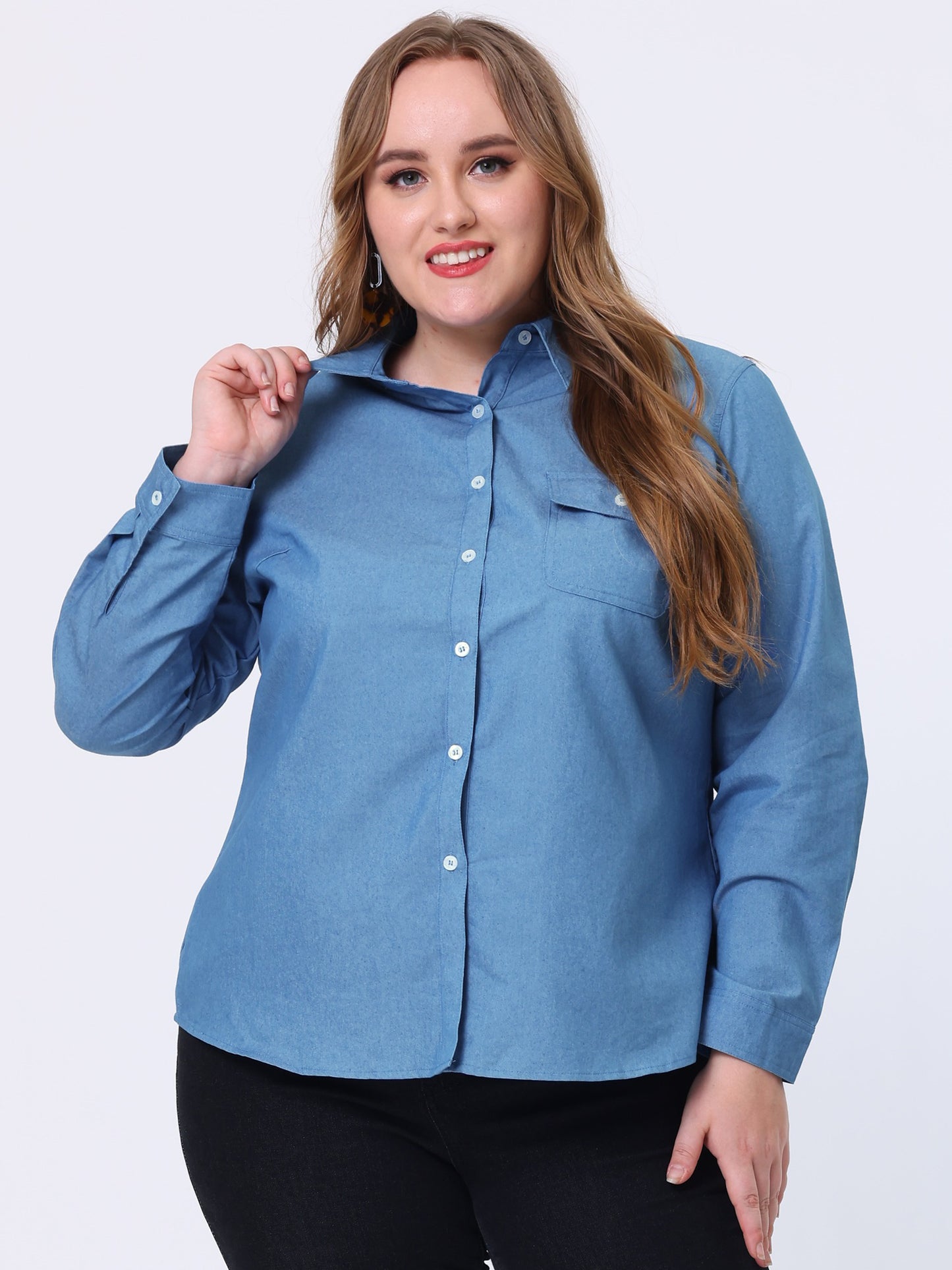 Women's Plus Size Button Down Long Sleeve Chest Pocket Chambray Shirt