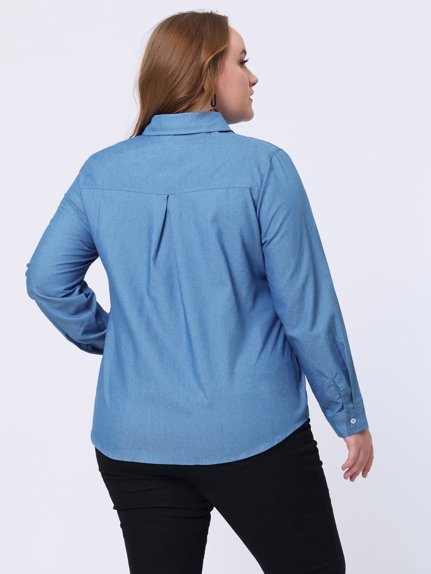 Women's Plus Size Button Down Long Sleeve Chest Pocket Chambray Shirt