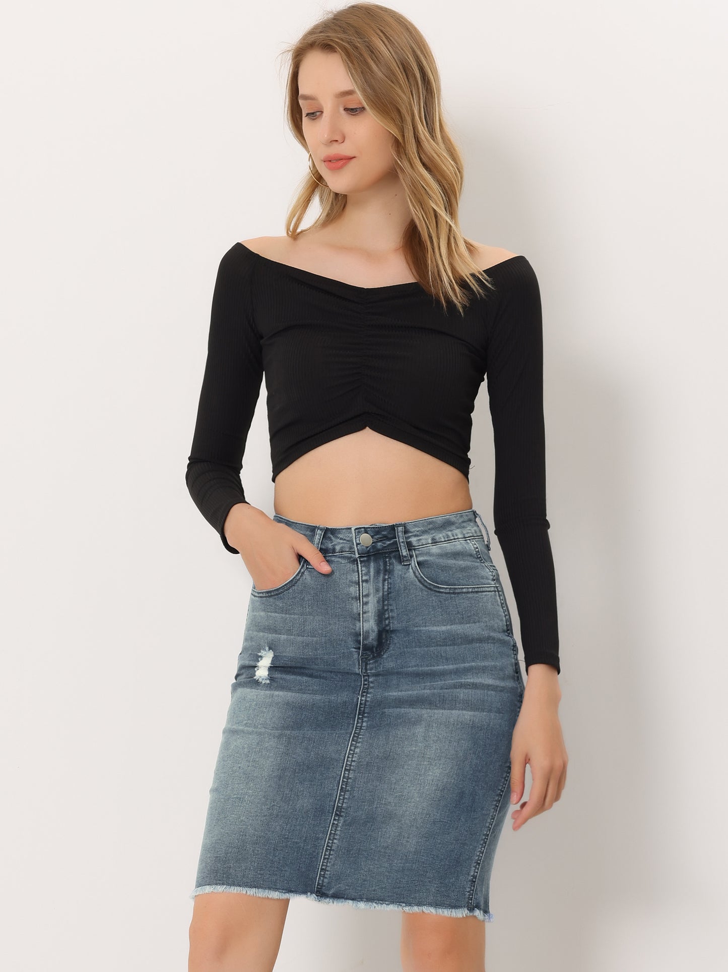Women's Basic Distressed High Waist Ripped Hem Washed Jeans Denim Skirt (Available in Plus Size)