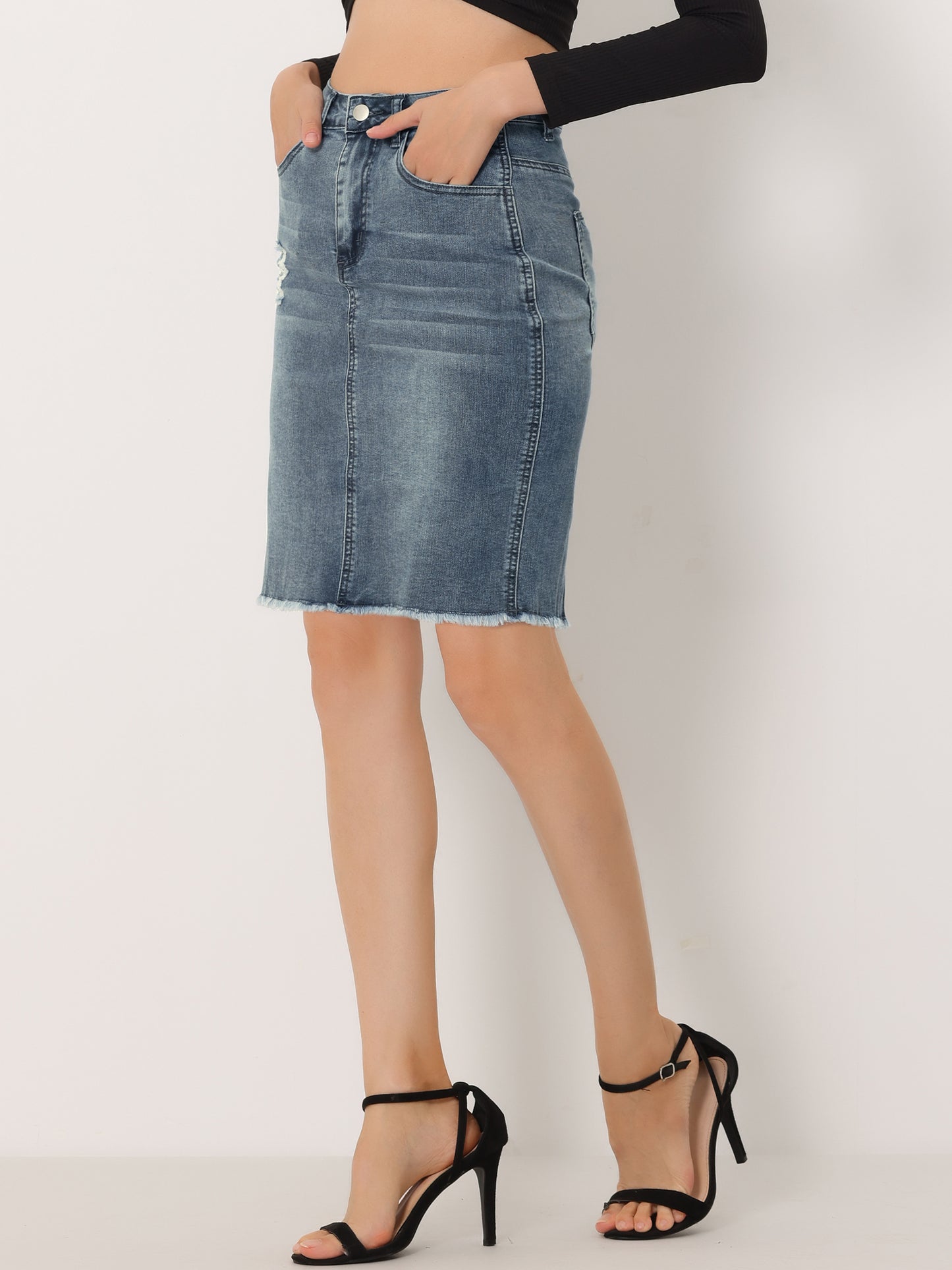 Women's Basic Distressed High Waist Ripped Hem Washed Jeans Denim Skirt (Available in Plus Size)
