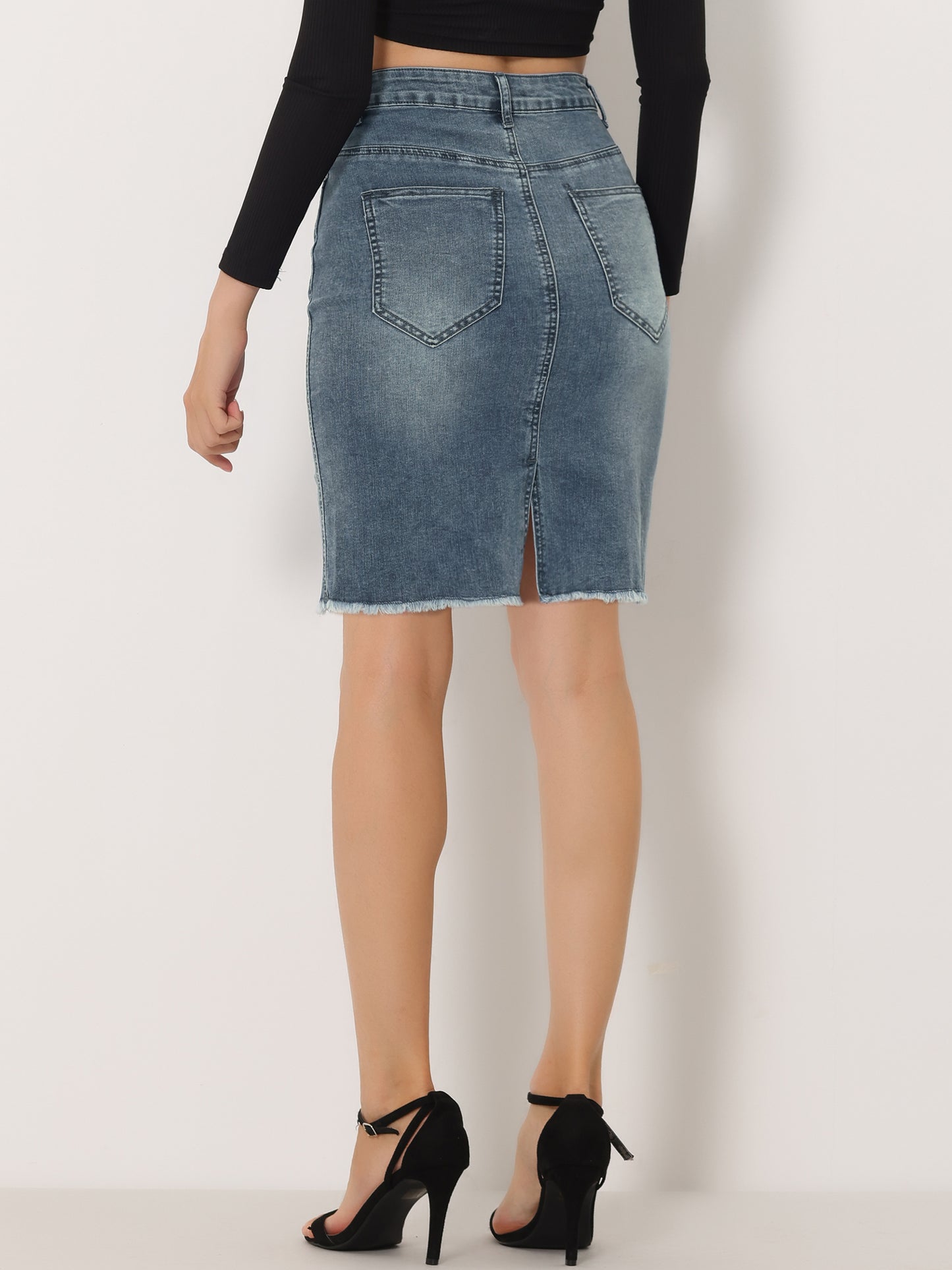 Women's Basic Distressed High Waist Ripped Hem Washed Jeans Denim Skirt (Available in Plus Size)