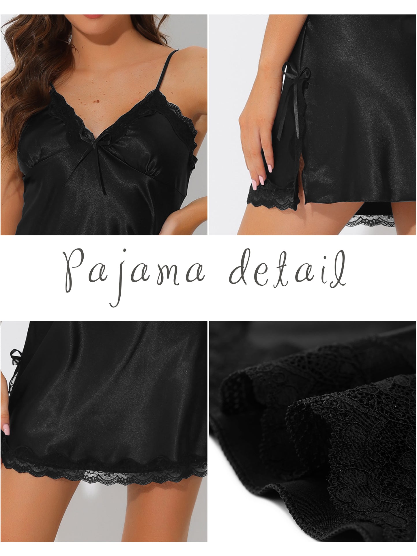Women's Lingerie Pajama Dress Camisole Silky Mini Full Slip Chemise Lounge Satin Nightgown