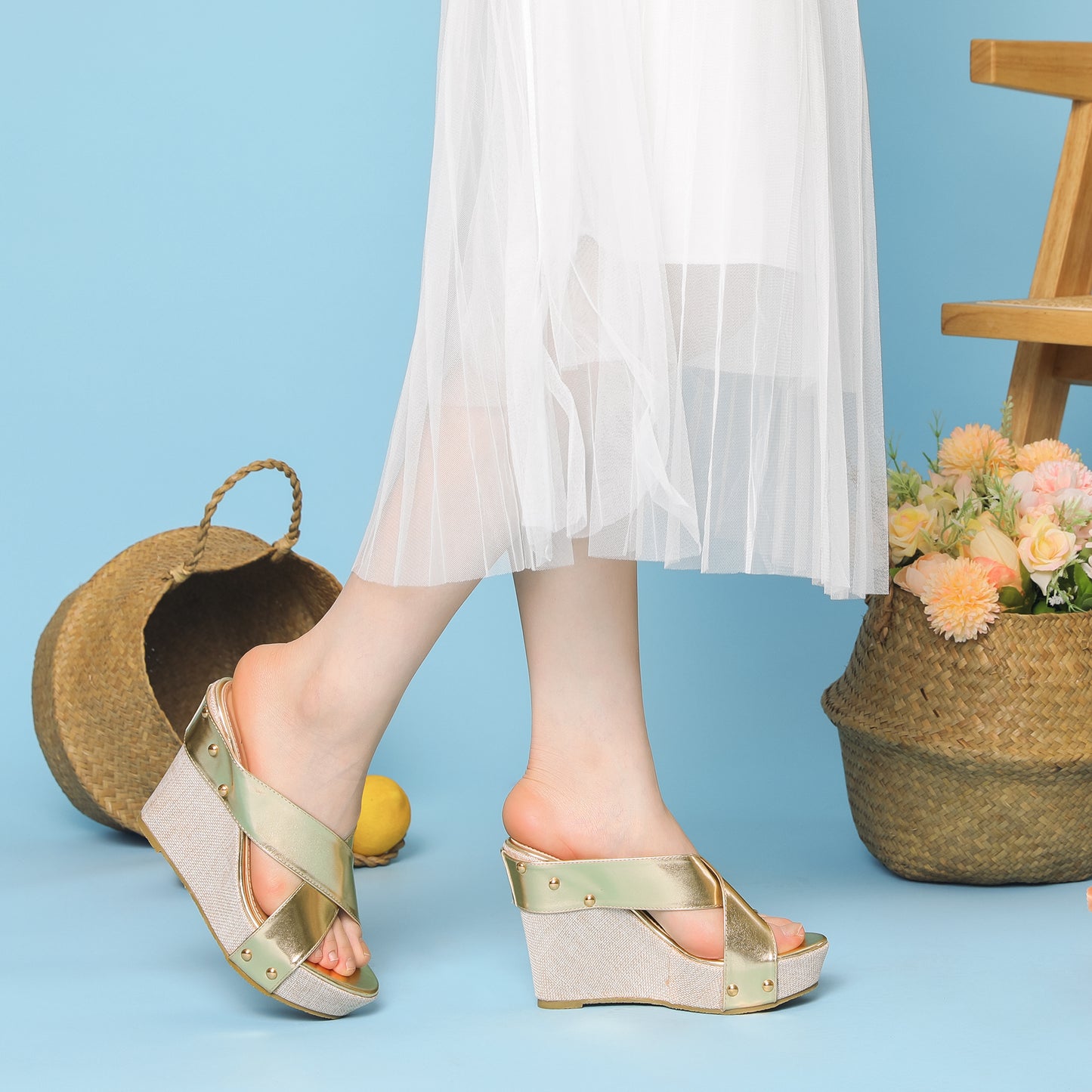 Sandalias de cuña con plataforma y punta abierta de lino para mujer