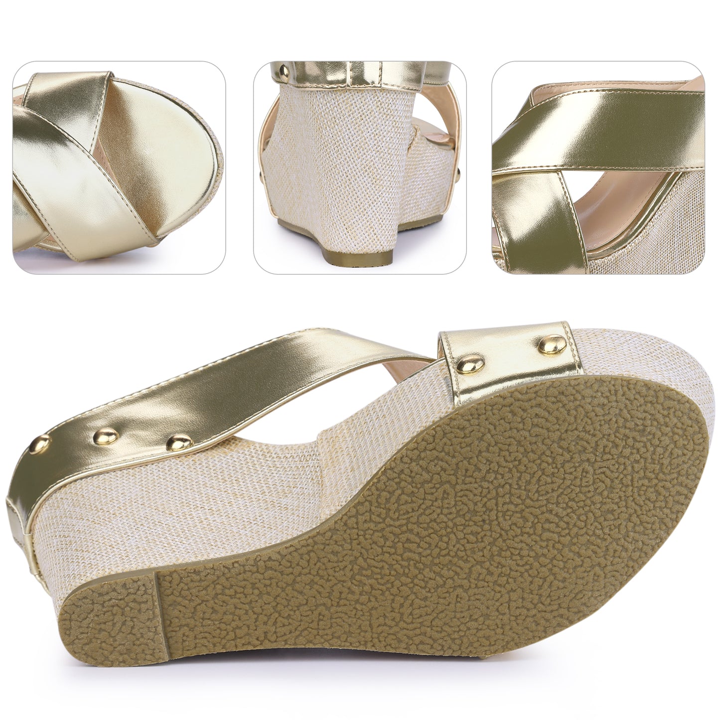 Sandalias de cuña con plataforma y punta abierta de lino para mujer
