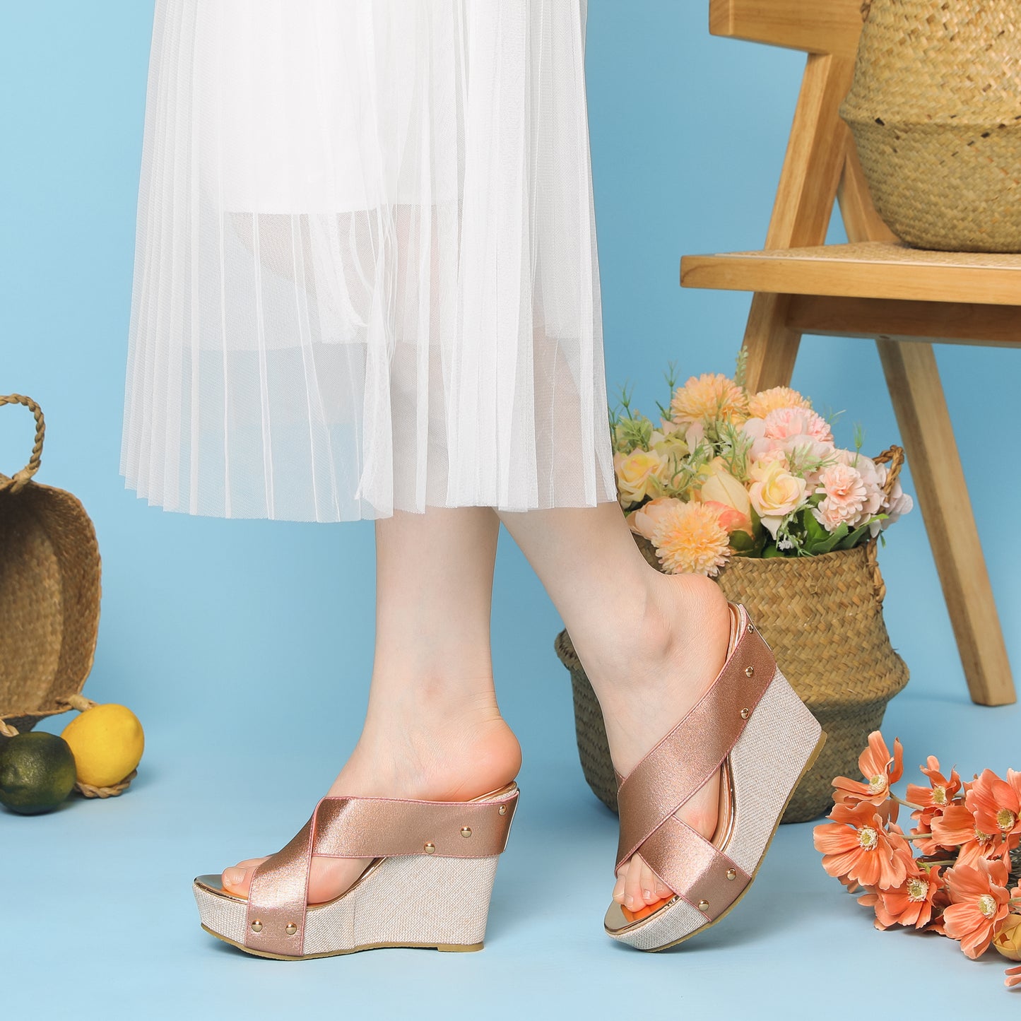 Sandalias de cuña con plataforma y punta abierta de lino para mujer
