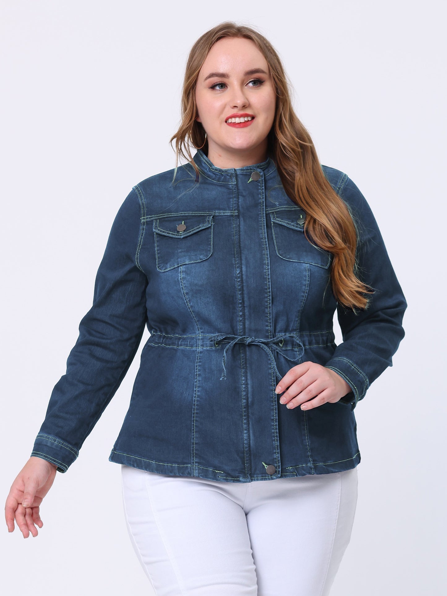 Women's Plus Size Denim Jacket Stretch Stand Collar Zip Drawstring Jean Jacket