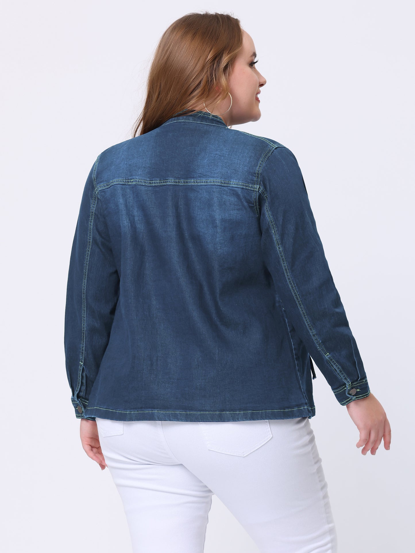 Women's Plus Size Denim Jacket Stretch Stand Collar Zip Drawstring Jean Jacket
