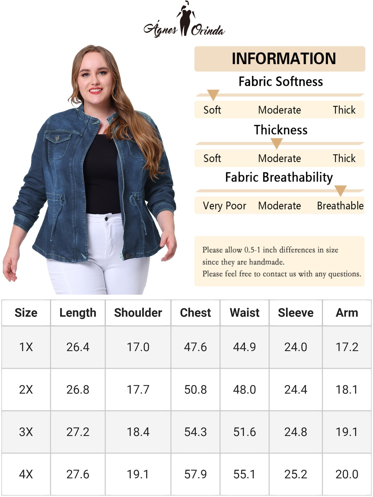 Women's Plus Size Denim Jacket Stretch Stand Collar Zip Drawstring Jean Jacket