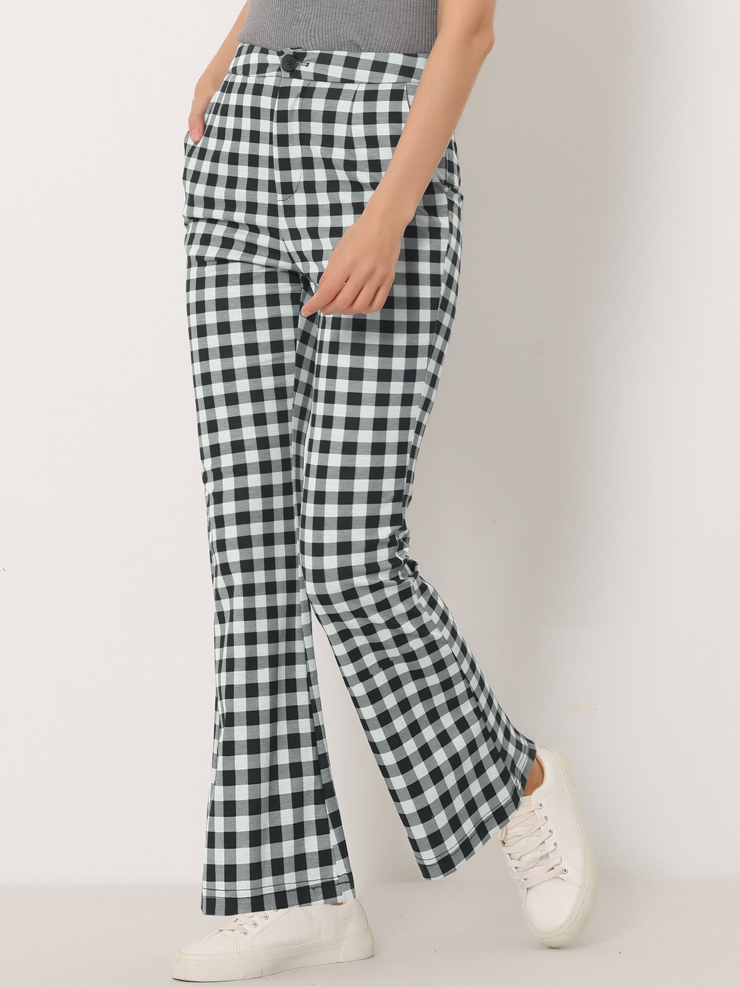 Women's Plaid High Waist Bell Bottom Pants Stretchy Flare Leg Trousers