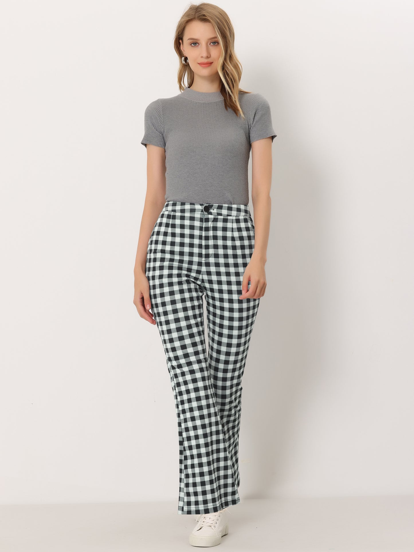 Women's Plaid High Waist Bell Bottom Pants Stretchy Flare Leg Trousers